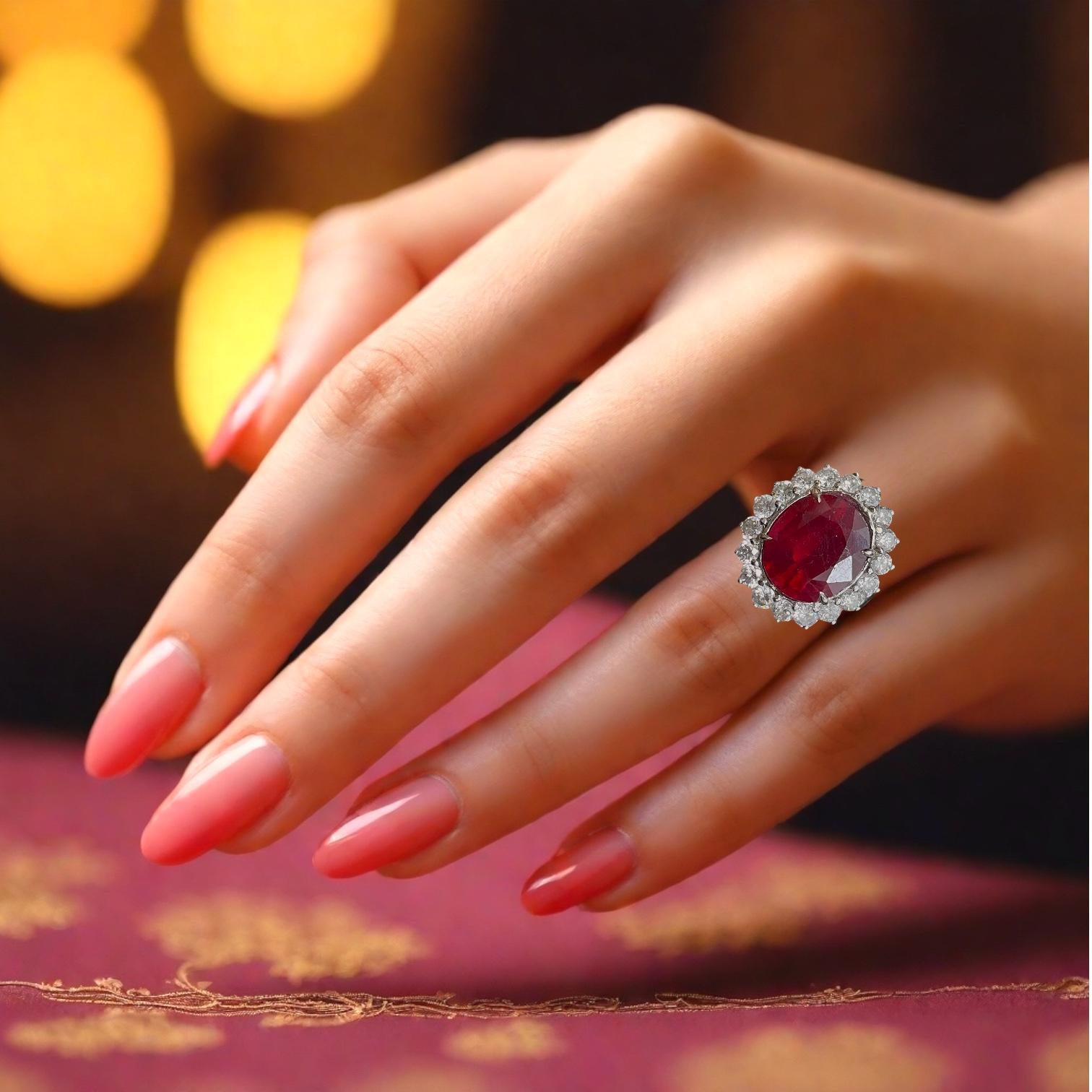 Women's or Men's Exquisite 18K White Gold Ring with 11.51 Carat Ruby and Diamond Accent For Sale