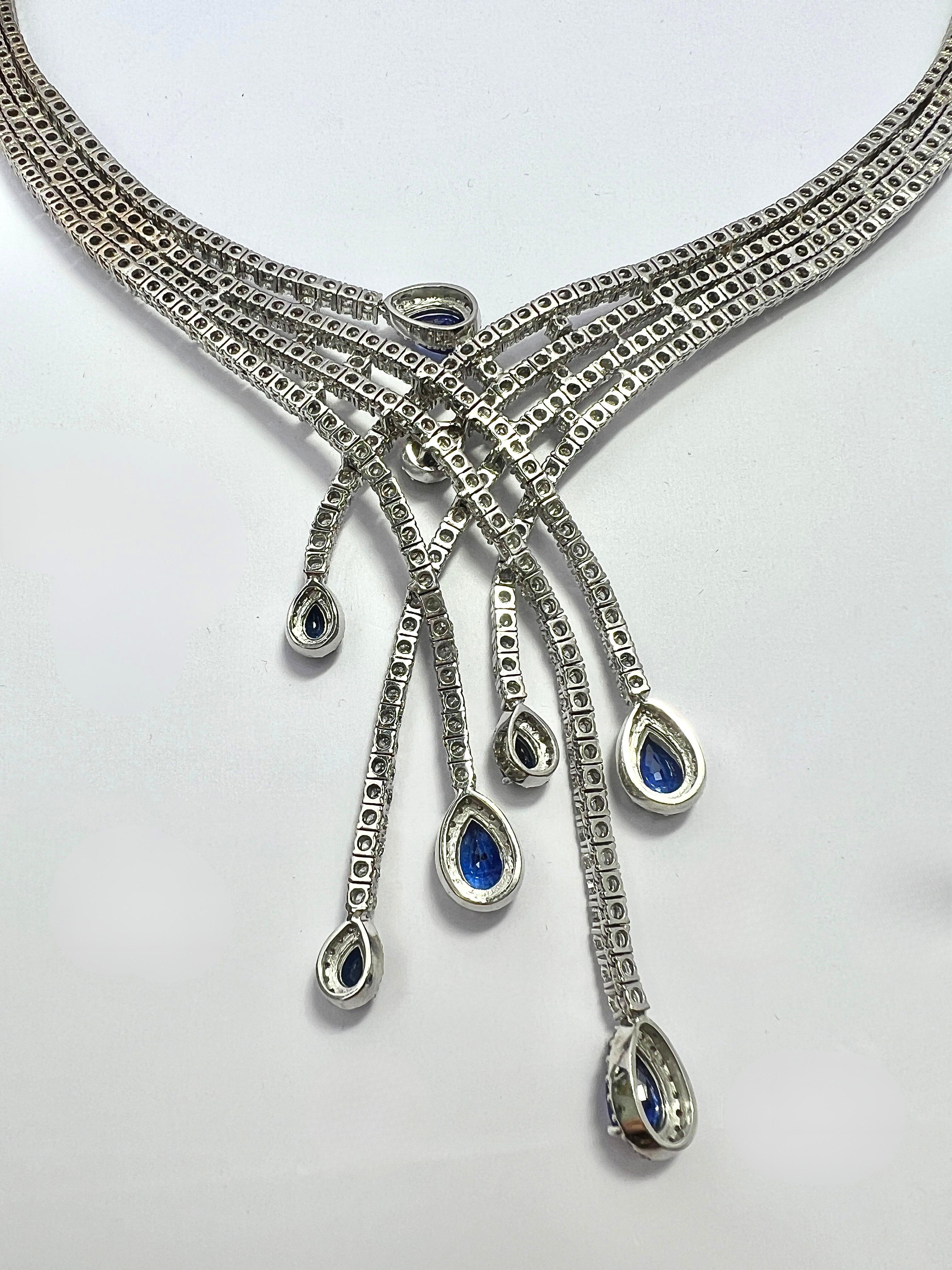 Brilliant Cut Exquisite 18k White Gold Sapphire and Diamond Necklace For Sale
