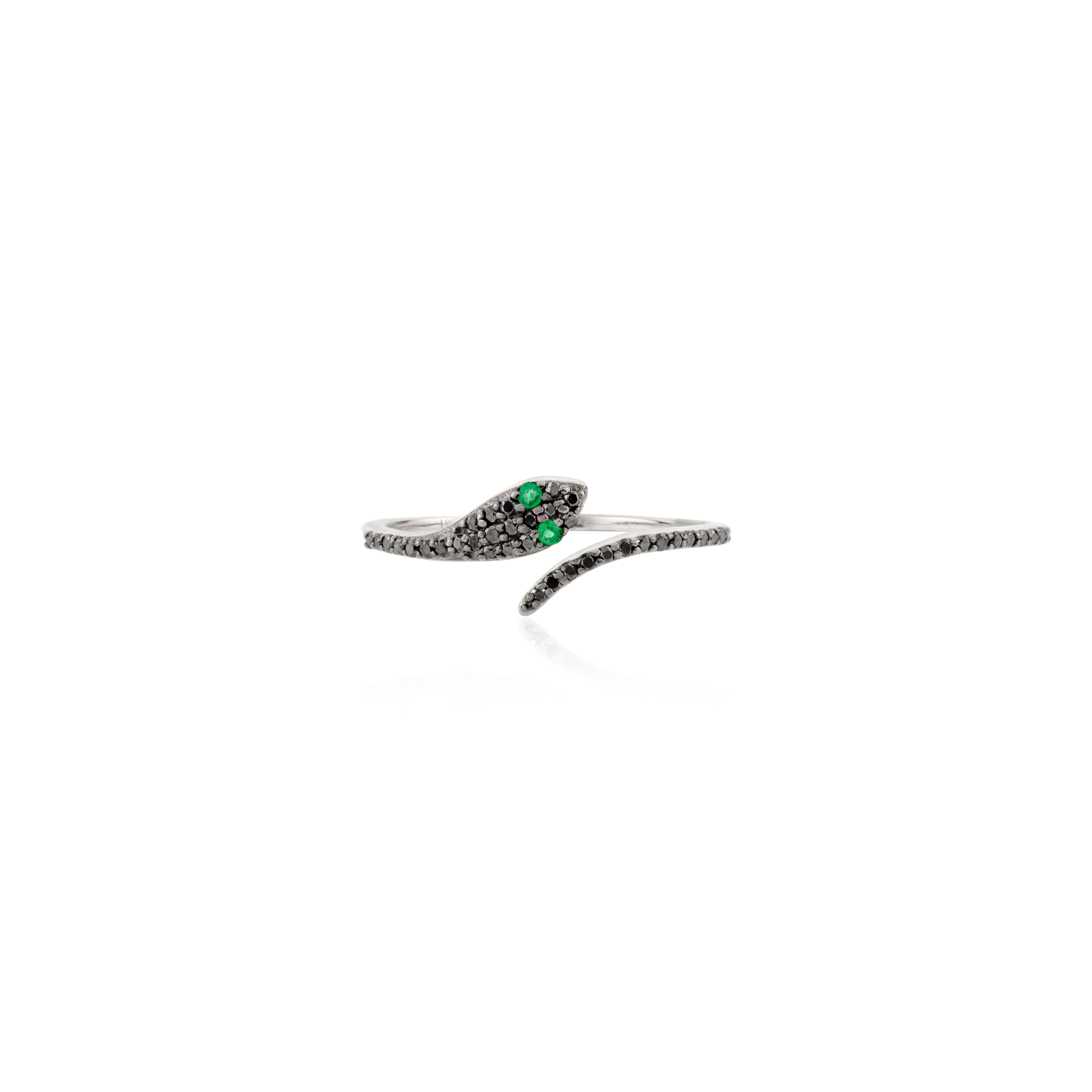 For Sale:  Exquisite 18K White Gold Snake Ring - Emerald Eyes & Pave-Set Black Diamonds 2