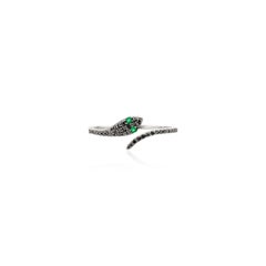 Exquisite 18K White Gold Snake Ring - Emerald Eyes & Pave-Set Black Diamonds