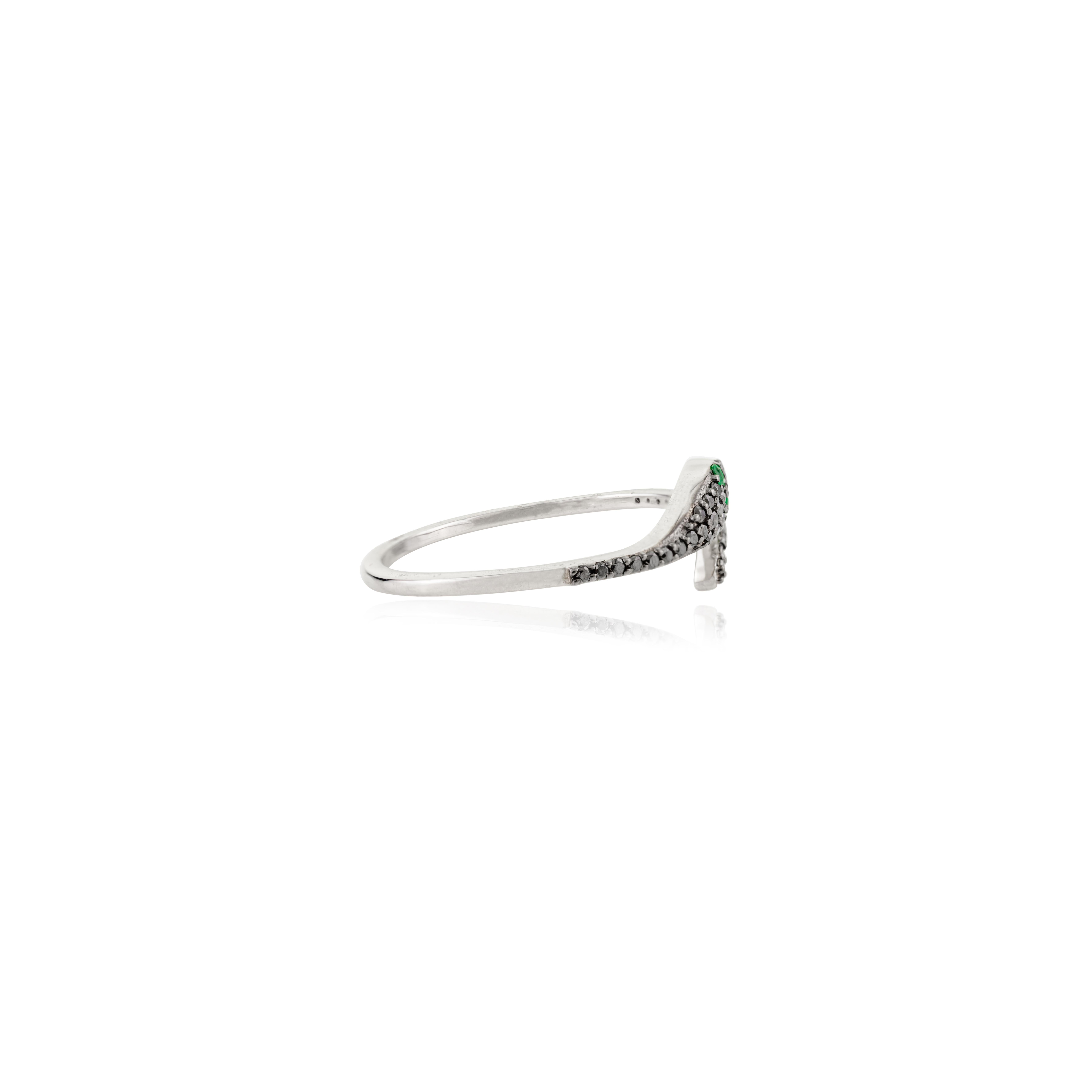 For Sale:  Exquisite 18K White Gold Snake Ring - Emerald Eyes & Pave-Set Black Diamonds 3