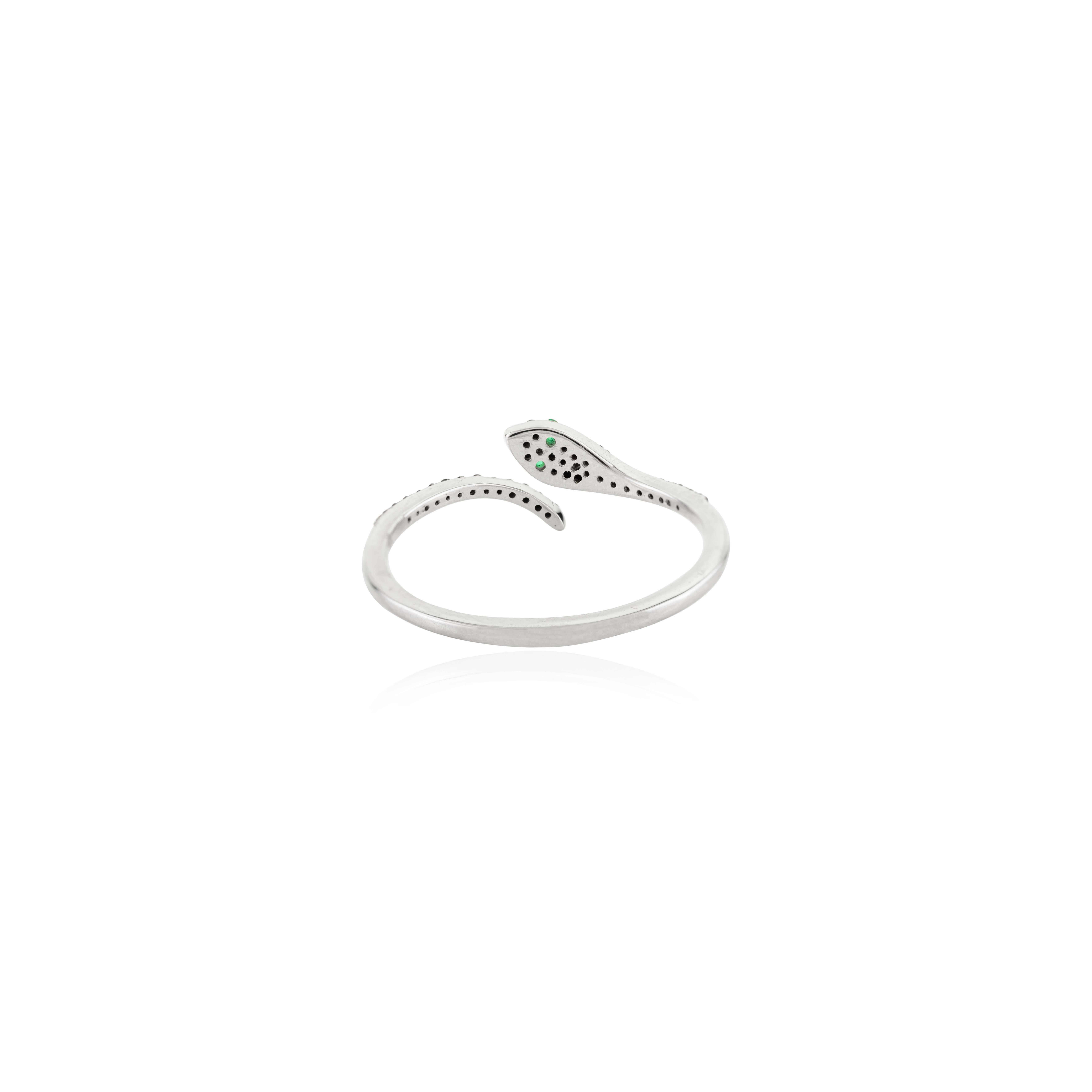 For Sale:  Exquisite 18K White Gold Snake Ring - Emerald Eyes & Pave-Set Black Diamonds 4