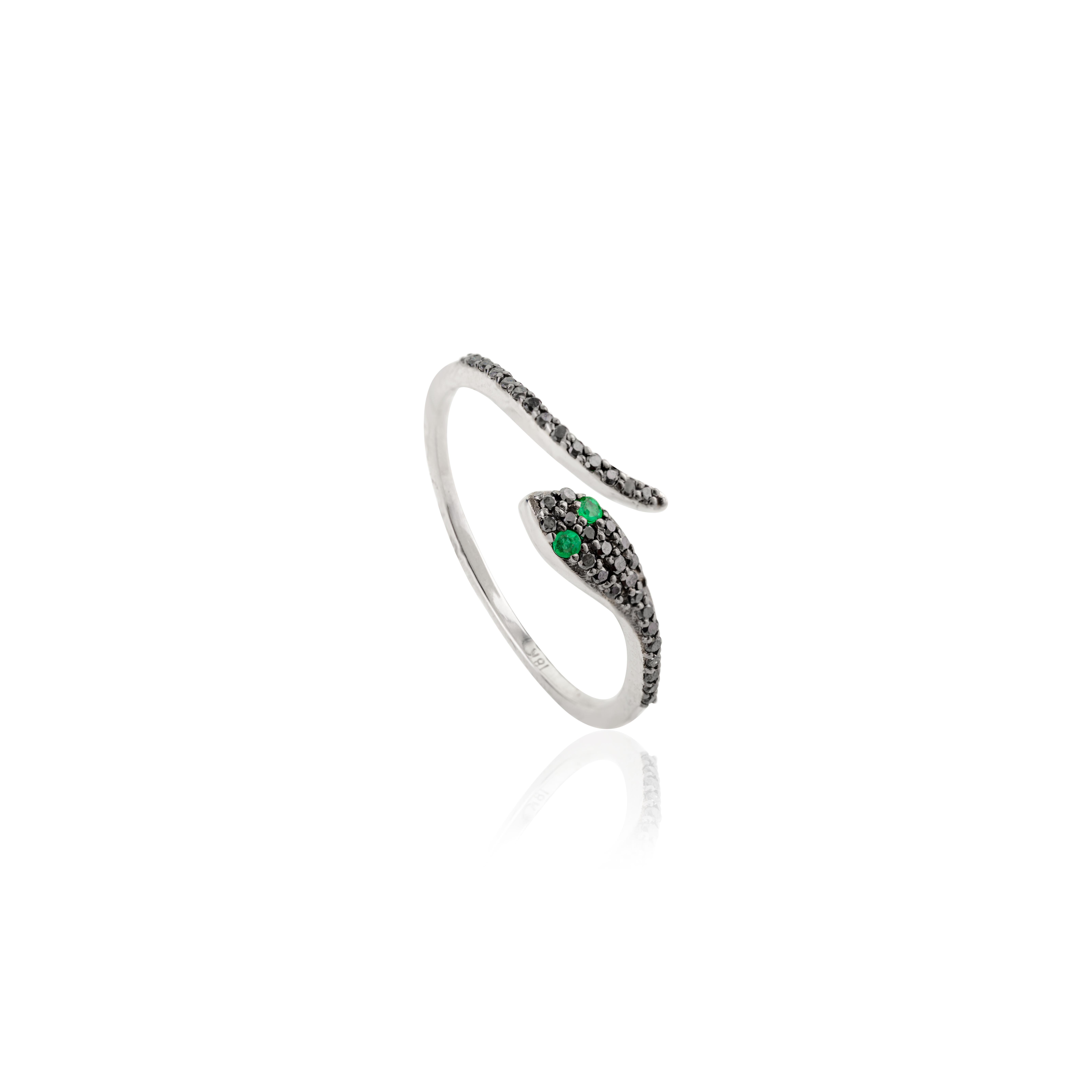 For Sale:  Exquisite 18K White Gold Snake Ring - Emerald Eyes & Pave-Set Black Diamonds 5