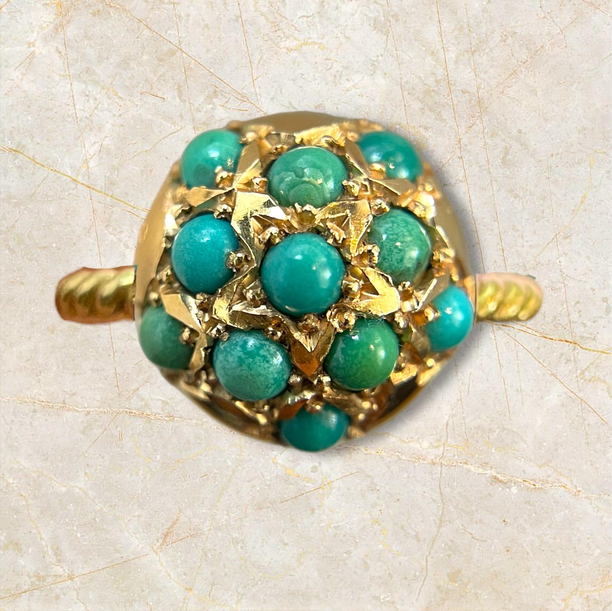This exquisite ring features a spherical cluster of vibrant turquoise stones set in luxurious 18K yellow gold. The intricate rope band design adds a touch of elegance and uniqueness, making it a standout piece. Perfect for those who appreciate fine