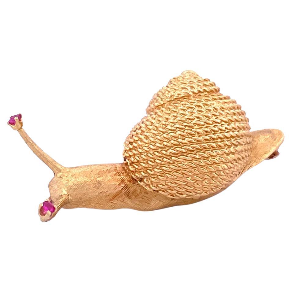 Exquisite 18k Yellow Gold Cheany Snail Brooch with Ruby Eyes