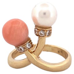 Exquisite 18k Yellow Gold Coral and Pearl Branch Ring