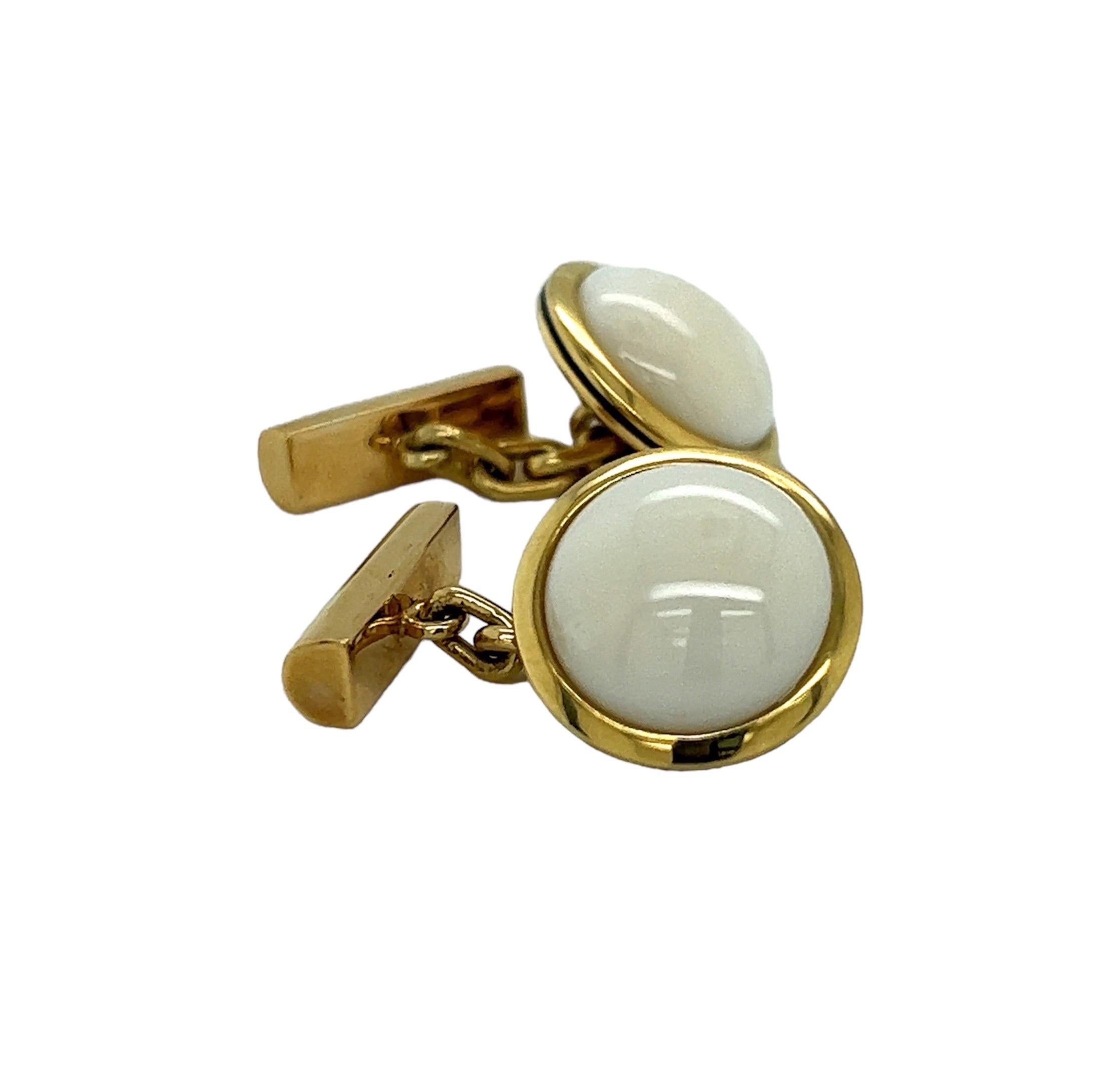 Round Cut Exquisite 18k Yellow Gold Cufflinks with White Coral and Black Enamel For Sale