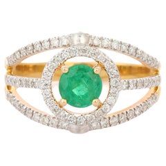 18K Yellow Gold Brilliant Cut Round Emerald and Diamond Studded Wedding Ring