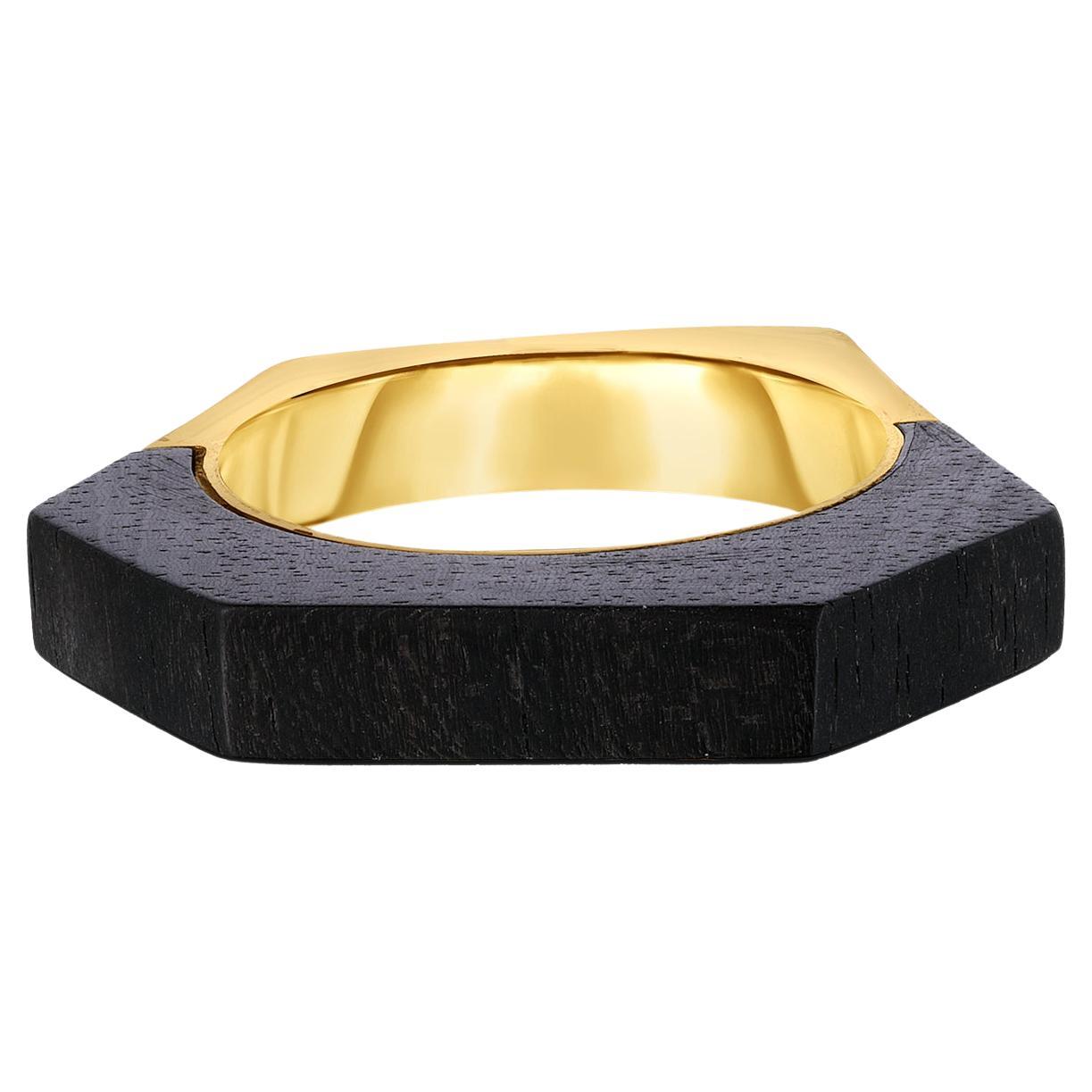 Exquisite 18K Yellow Gold Hand Carved Ebony Hexagon Ring by Fern Freeman