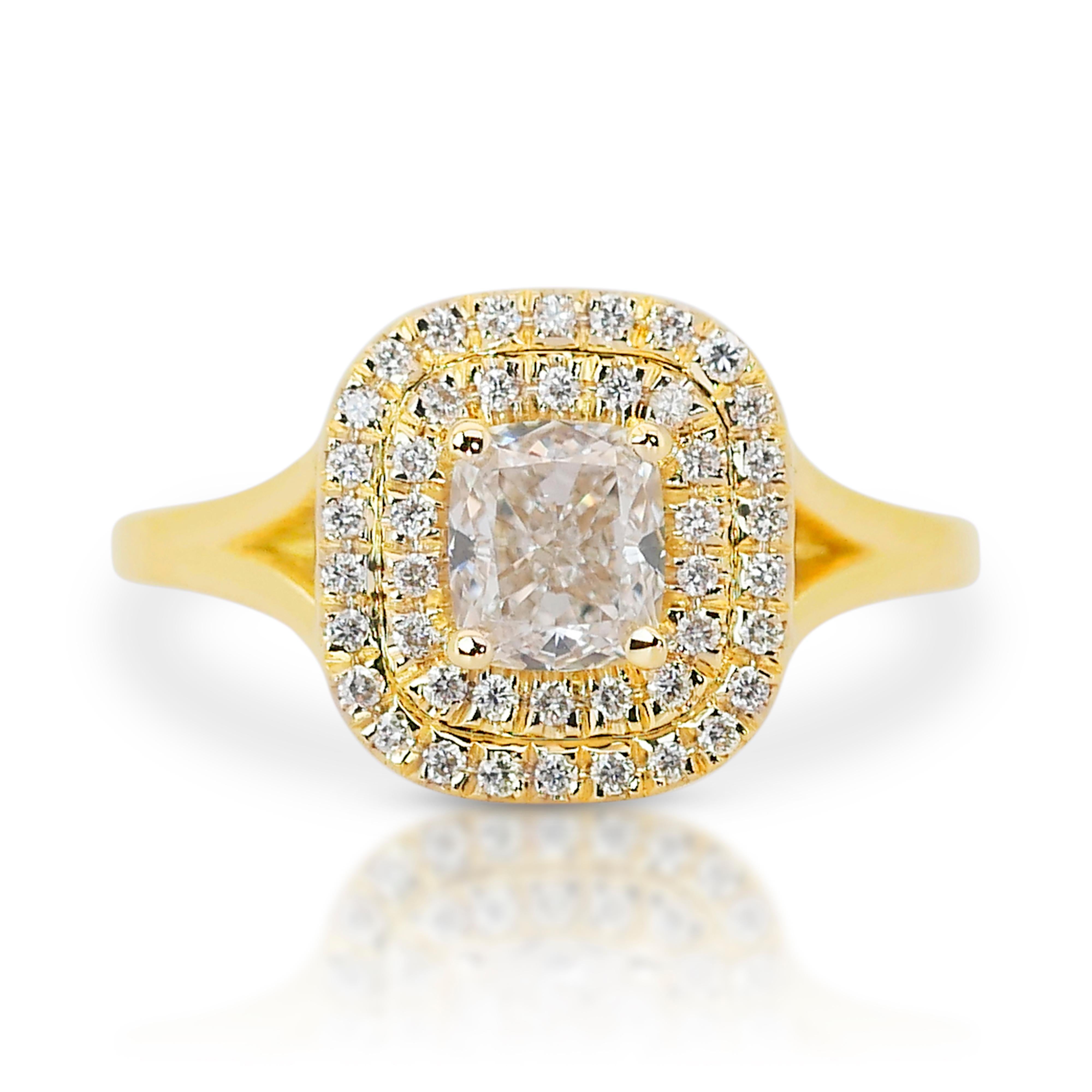Cushion Cut Exquisite 18k Yellow Gold Natural Diamond Double Halo Ring w/1.08 ct - IGI  For Sale
