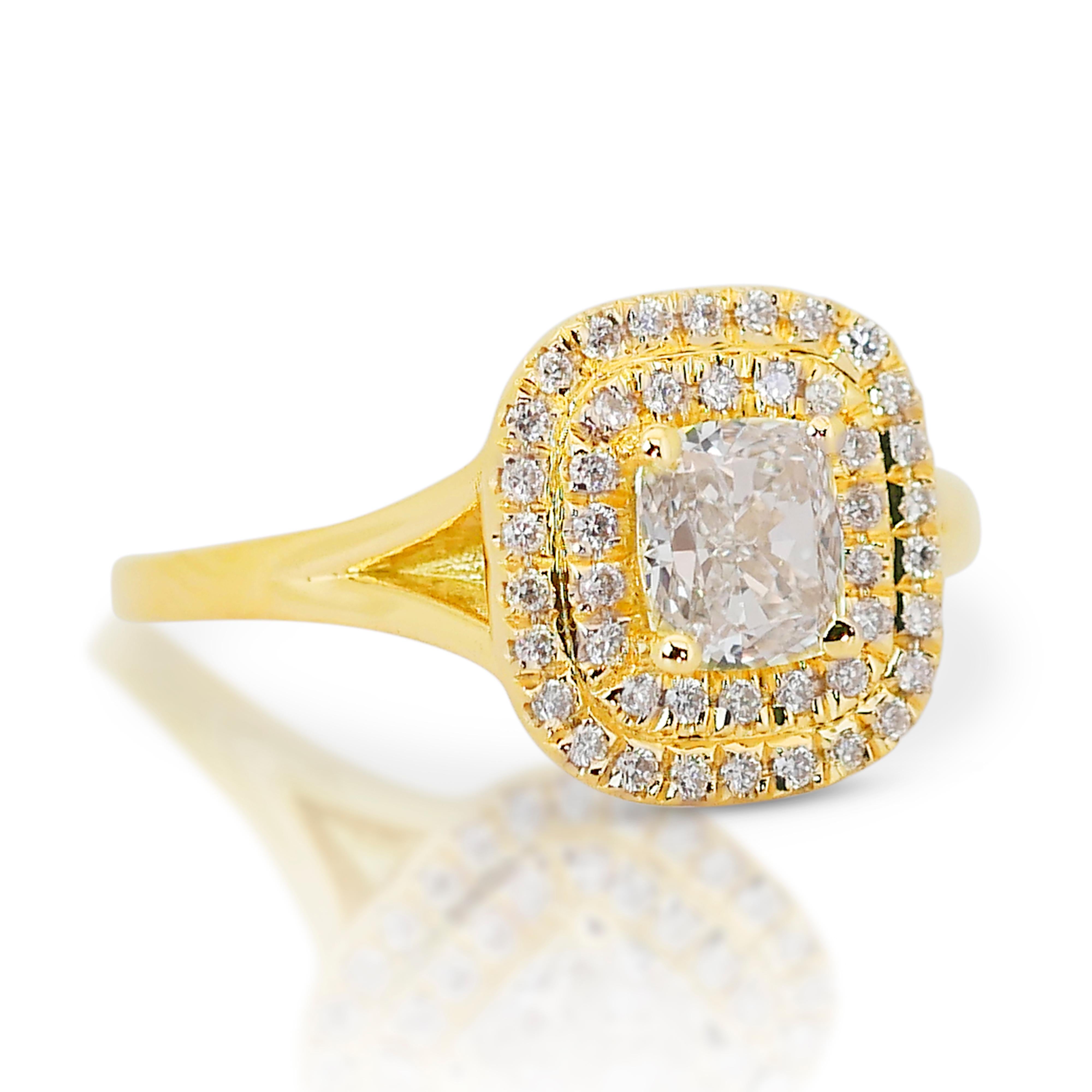Exquisite 18k Yellow Gold Natural Diamond Double Halo Ring w/1.08 ct - IGI  In New Condition For Sale In רמת גן, IL