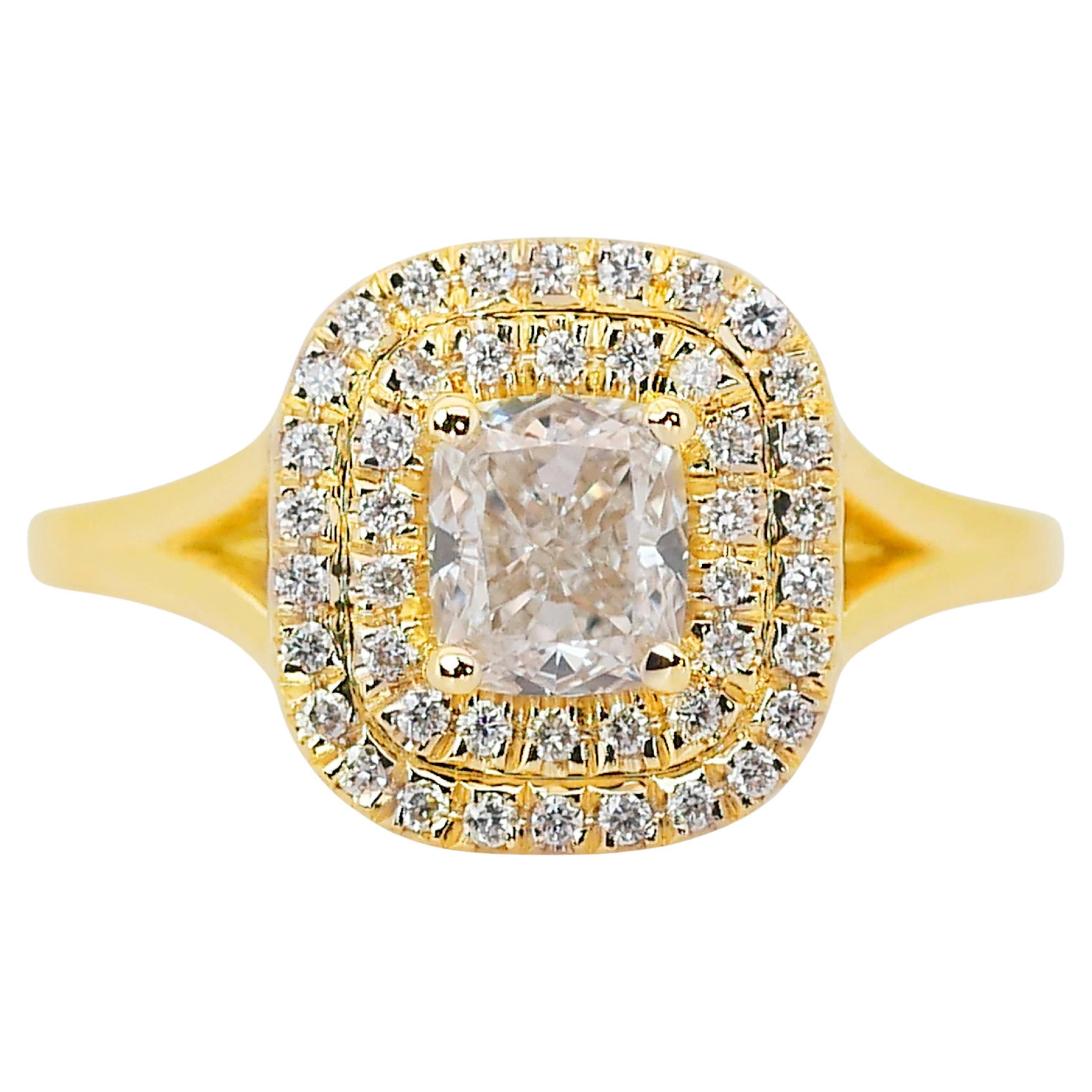 Exquisite 18k Yellow Gold Natural Diamond Double Halo Ring w/1.08 ct - IGI  For Sale
