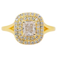 Exquisite 18k Yellow Gold Natural Diamond Double Halo Ring w/1.08 ct - IGI Exquisite 18k Yellow Gold Natural Diamond Double Halo Ring w/1.08 ct - IGI