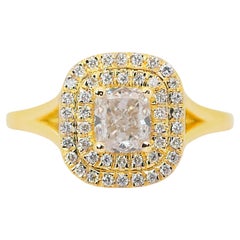 Exquise bague en or jaune 18 carats avec double halo de diamants naturels de 1,08 carat - IGI 