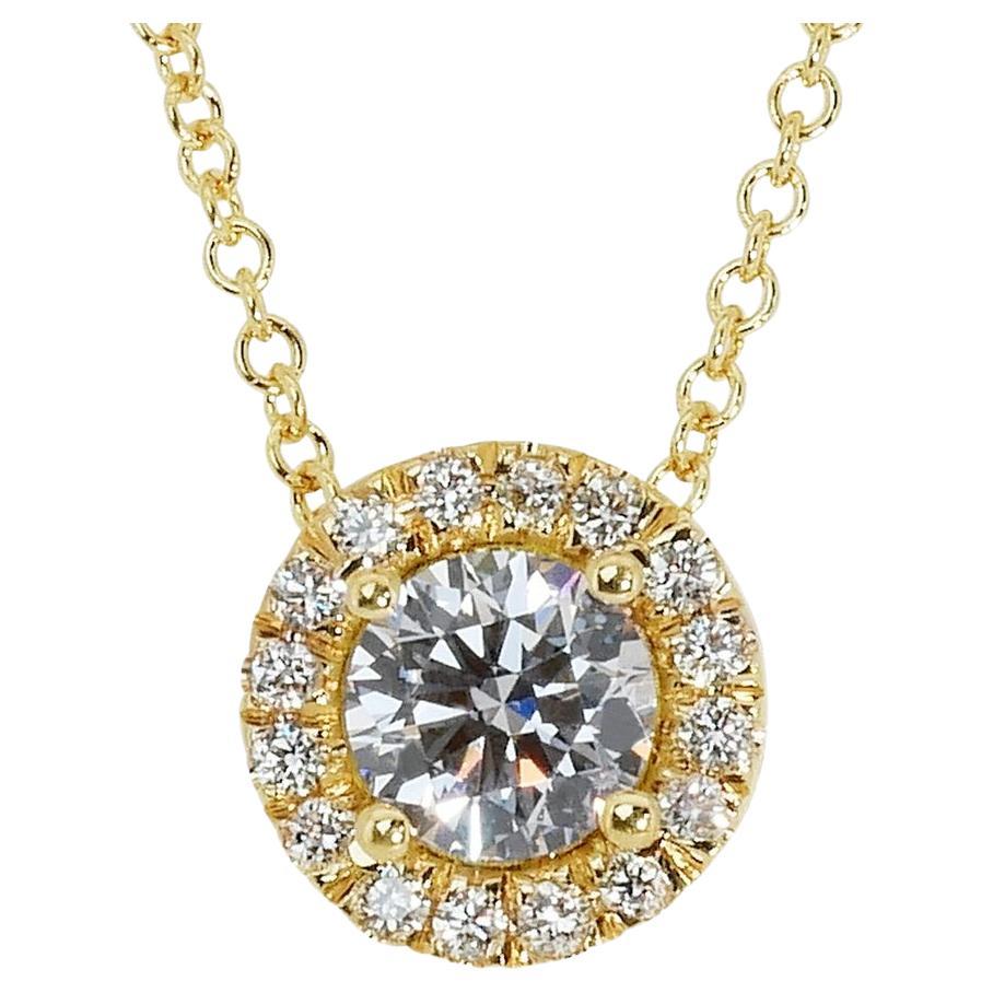 Exquisite 18k Yellow Gold Natural Diamond Halo Necklace w/0.85 ct - GIA Certfied For Sale