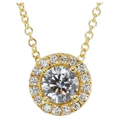 Exquis collier en or jaune 18 carats avec halo de diamants naturels de 0,85 carat, certifié GIA