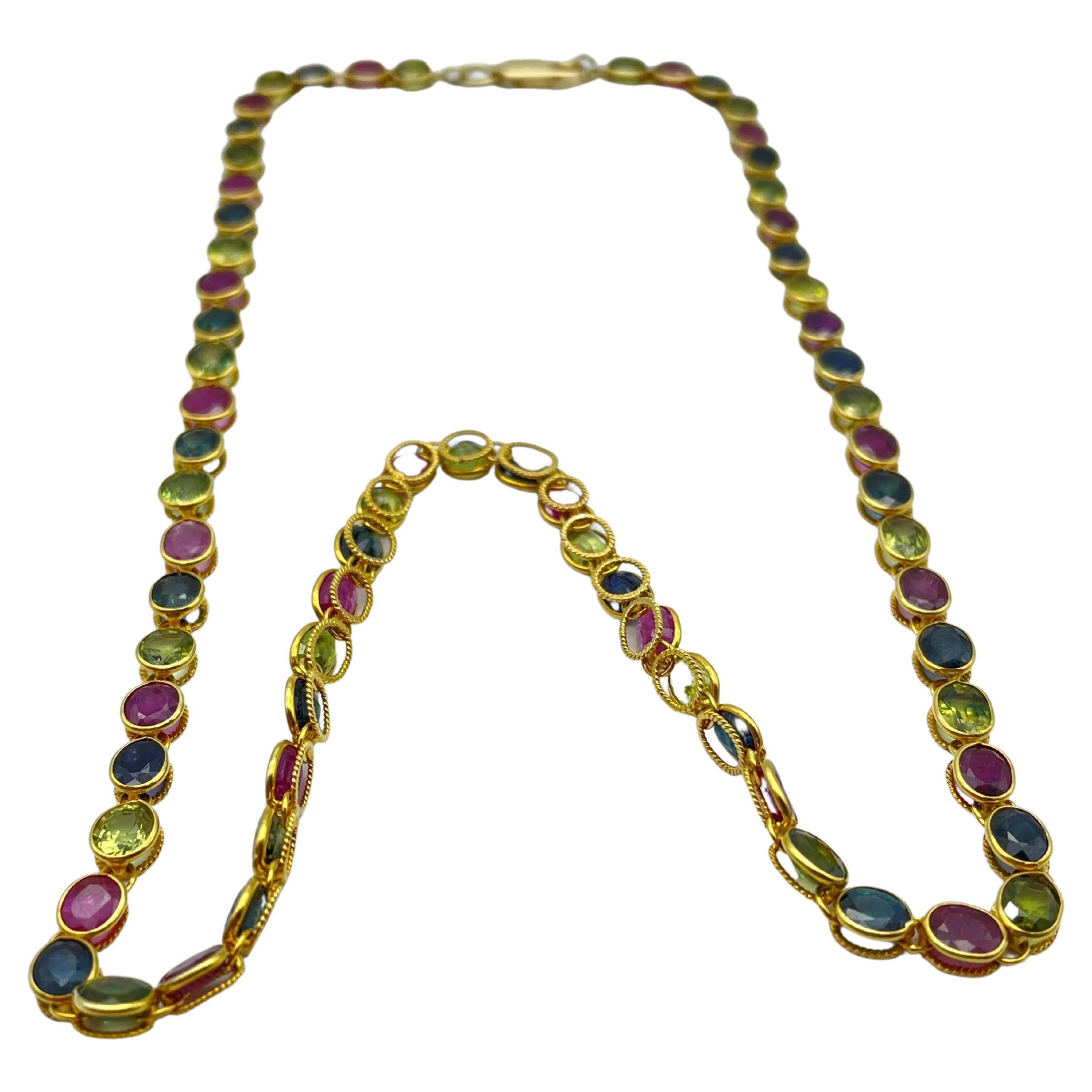 Aesthetic Movement Exquisite 18k Yellow Gold Necklace: A Vibrant Tutti Frutti Mosaic of Beauty For Sale