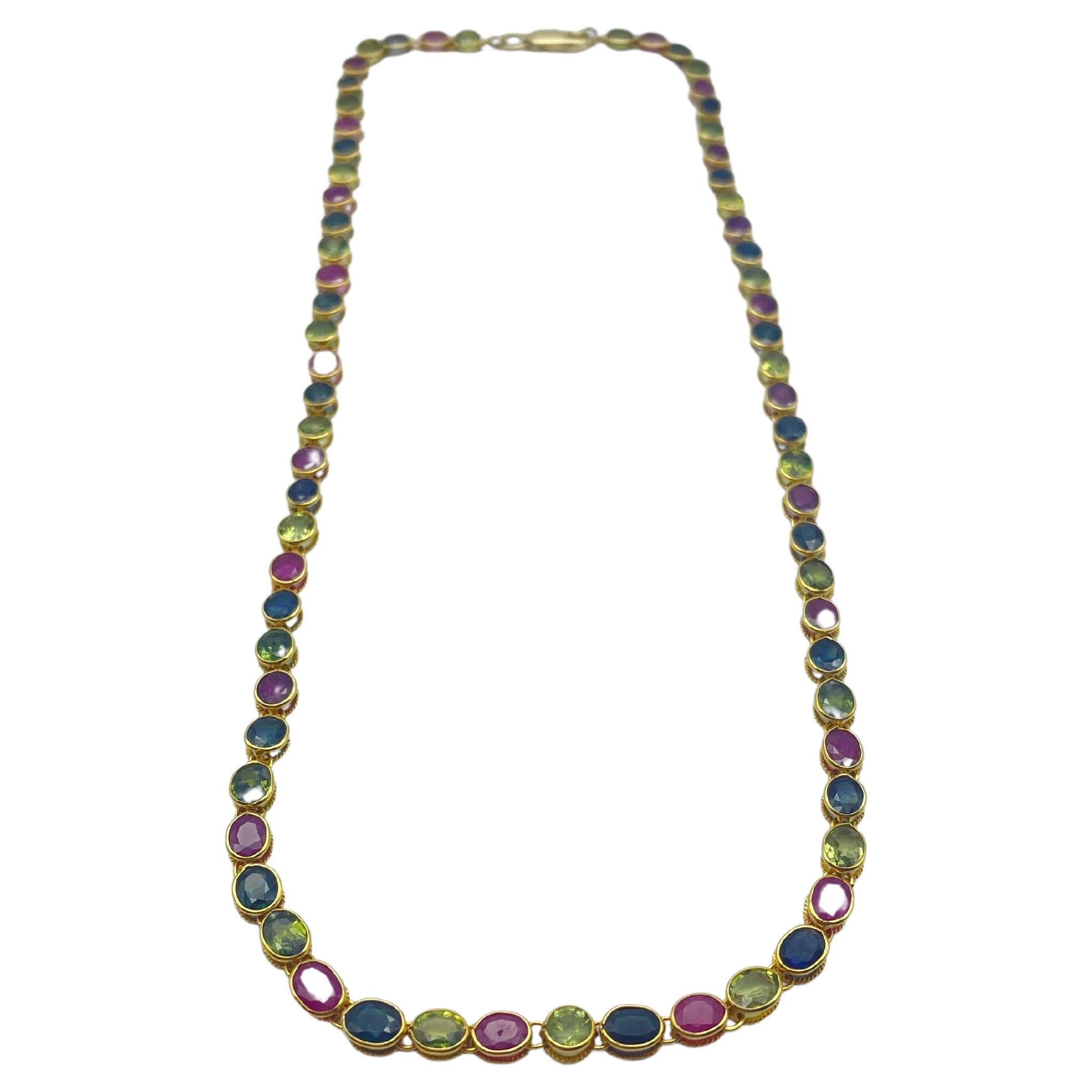 Exquisite 18k Yellow Gold Necklace: A Vibrant Tutti Frutti Mosaic of Beauty For Sale