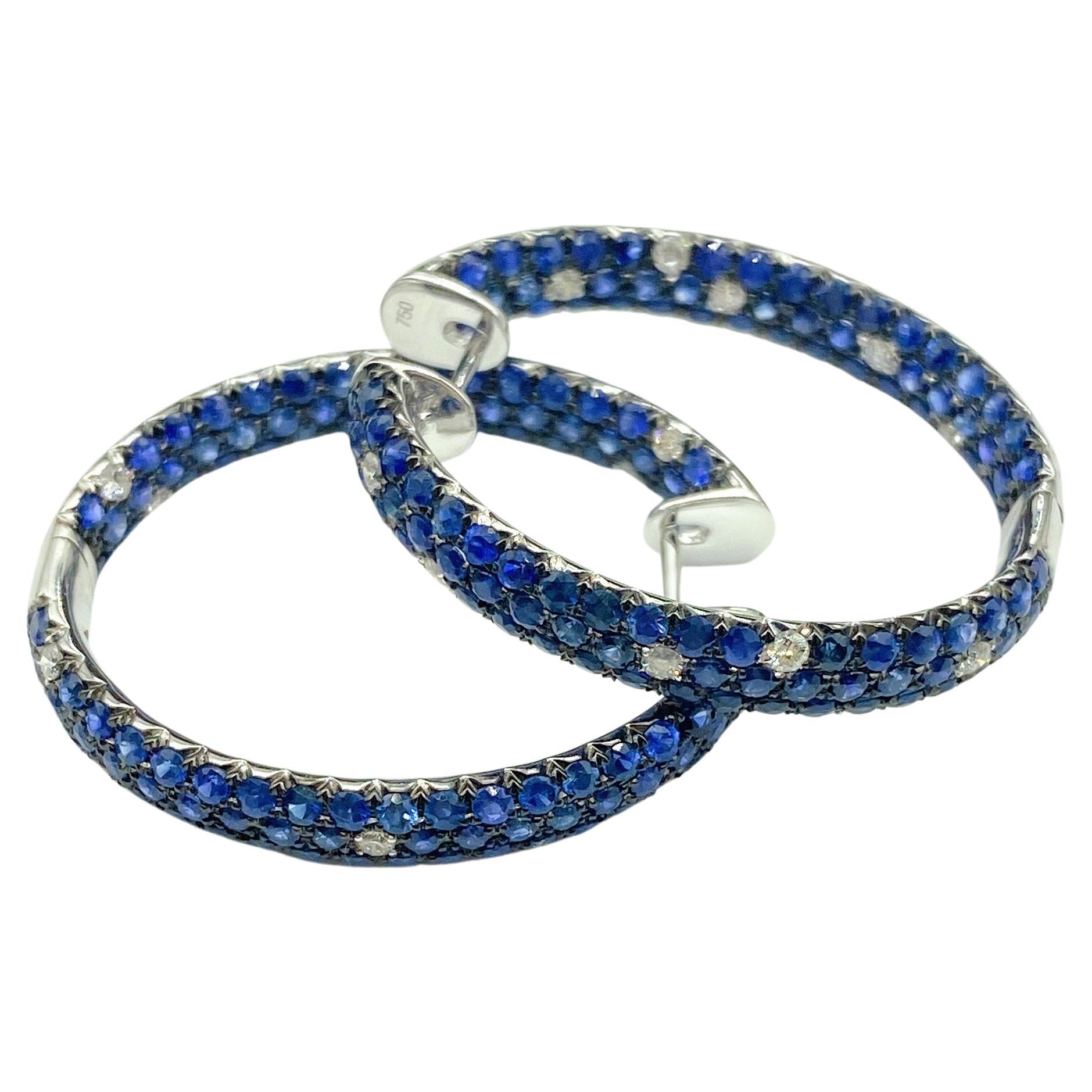 $9, 679 Exquisite 18Kt Gold Magnificent Fancy Blue Sapphire Diamond Hoop Earrings