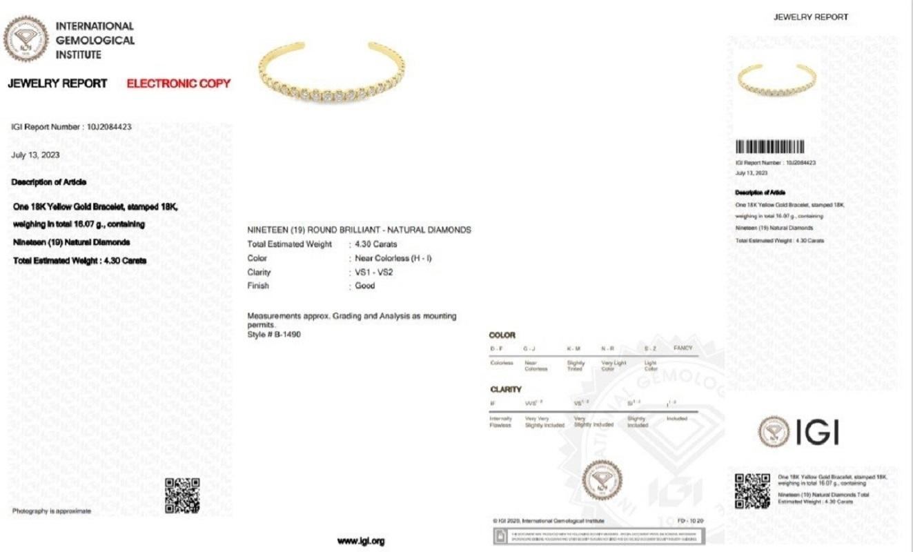 Stunning 4.3 Carat Round Brilliant Diamond Bracelet in 18K Yellow Gold with IGI Certificate and Jewelry Box

This exquisite bracelet features a dazzling 4.3 carat round brilliant natural diamond, set in a high-quality 18K Yellow Gold setting with a