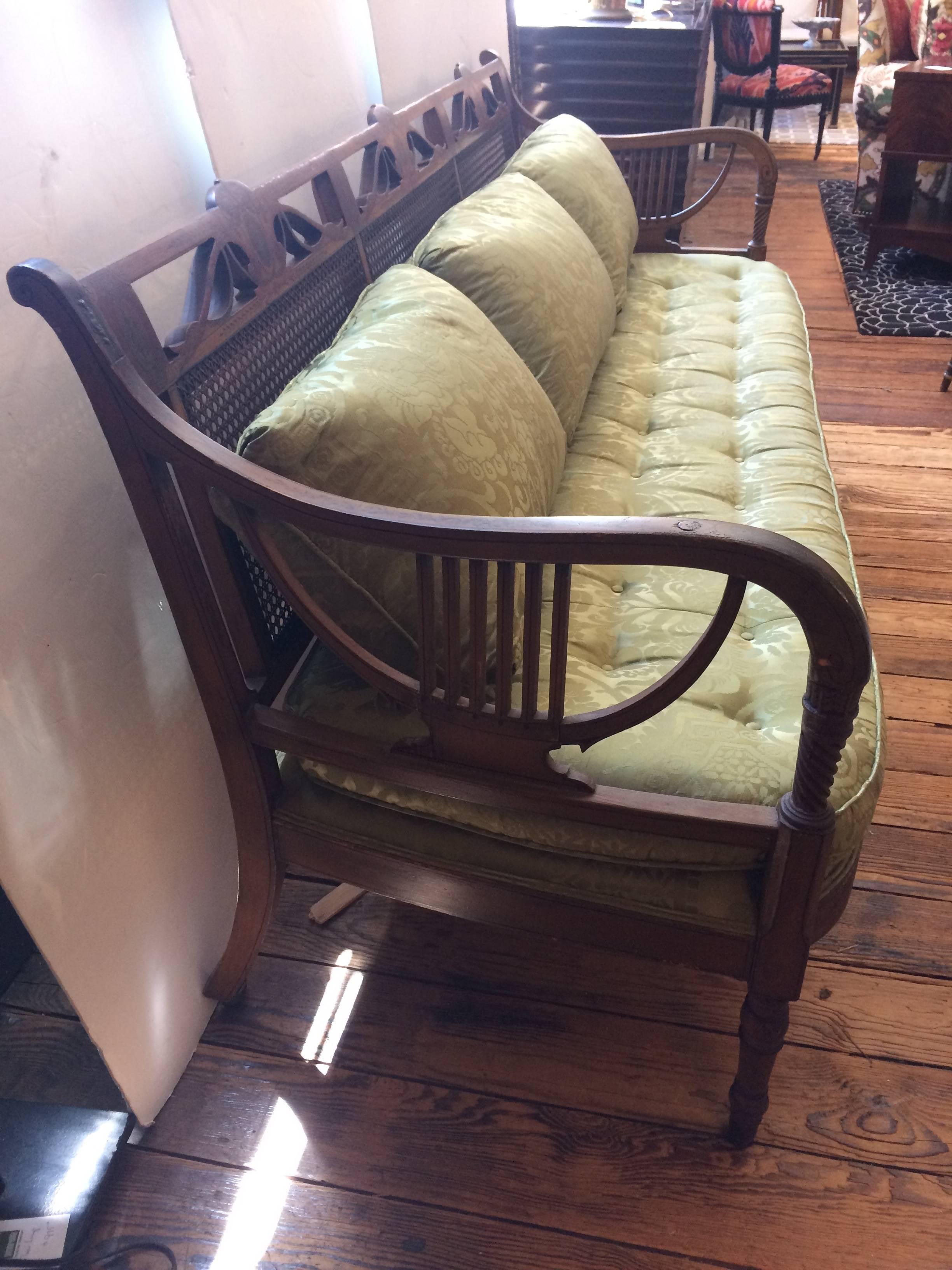 Exquisite 18th Century Italian Hand-Painted Wood, Cane and Upholstered Sofa In Excellent Condition In Hopewell, NJ