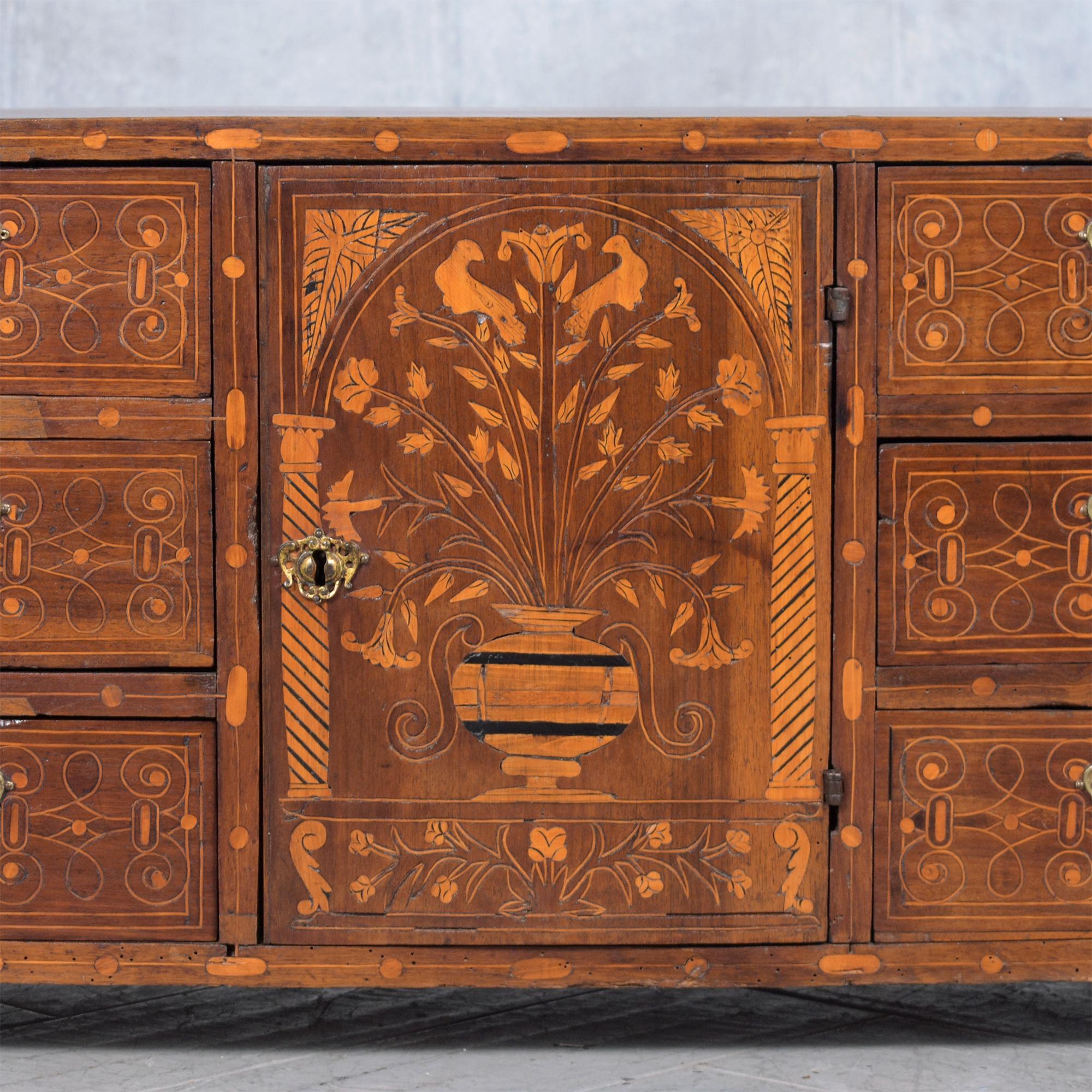 Baroque Exquisite 18th-Century Spanish Bargueño Cabinet: Walnut with Marquetry Inlays For Sale