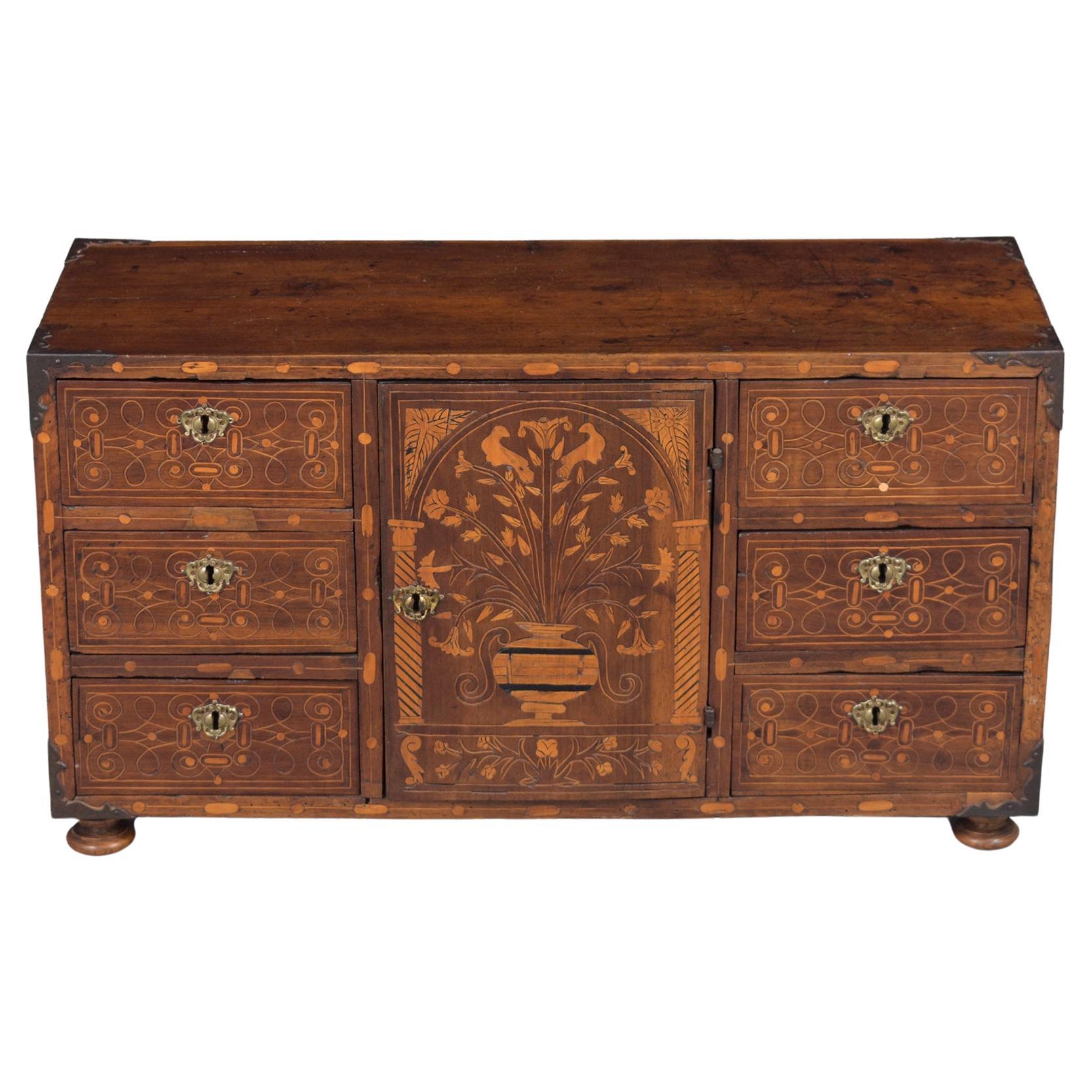 Exquisite 18th-Century Spanish Bargueño Cabinet: Walnut with Marquetry Inlays For Sale