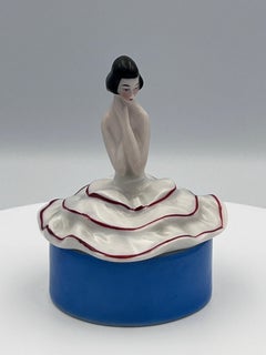 Exquisite 1920s Art Deco German Figurative Porcelain Vanity Box of Elegant Woman
