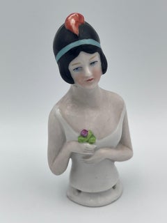 Exquisite 1920s Art Deco German Porcelain Flapper Half Doll with Rose