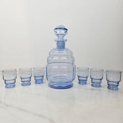 Exquisite 1920s Art Deco Glass Decanter Set in Serene Azure Tint
