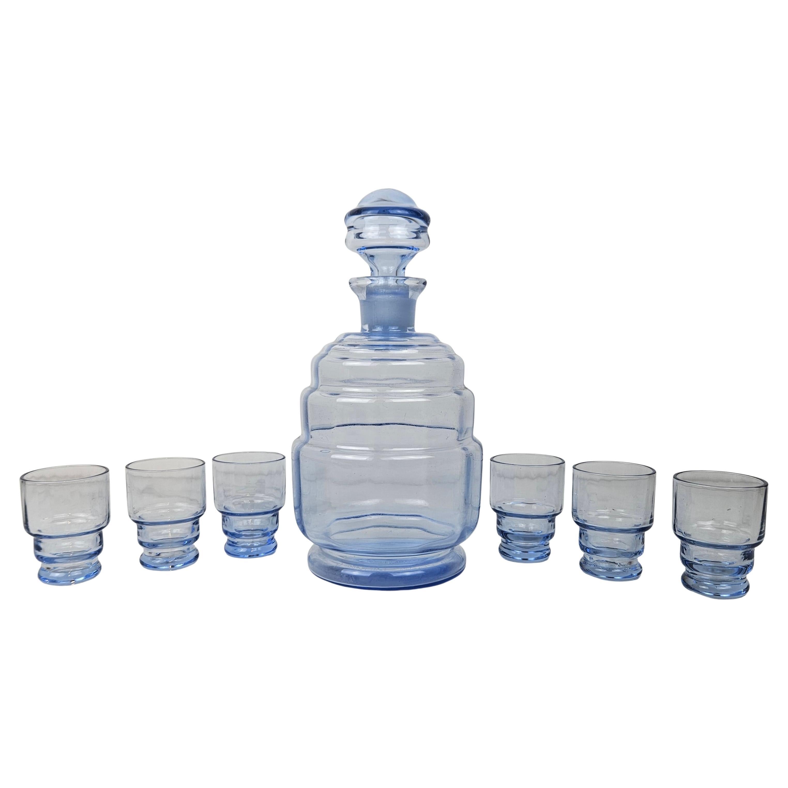 Exquisite 1920s Art Deco Glass Decanter Set in Serene Azure Tint