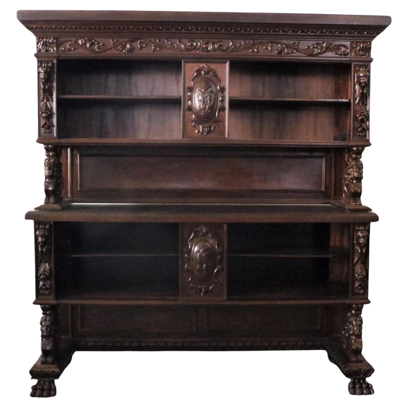 Exquisite 1920s Carved Walnut Notary Cabinet – A Masterpiece of Craftsmanship in vendita