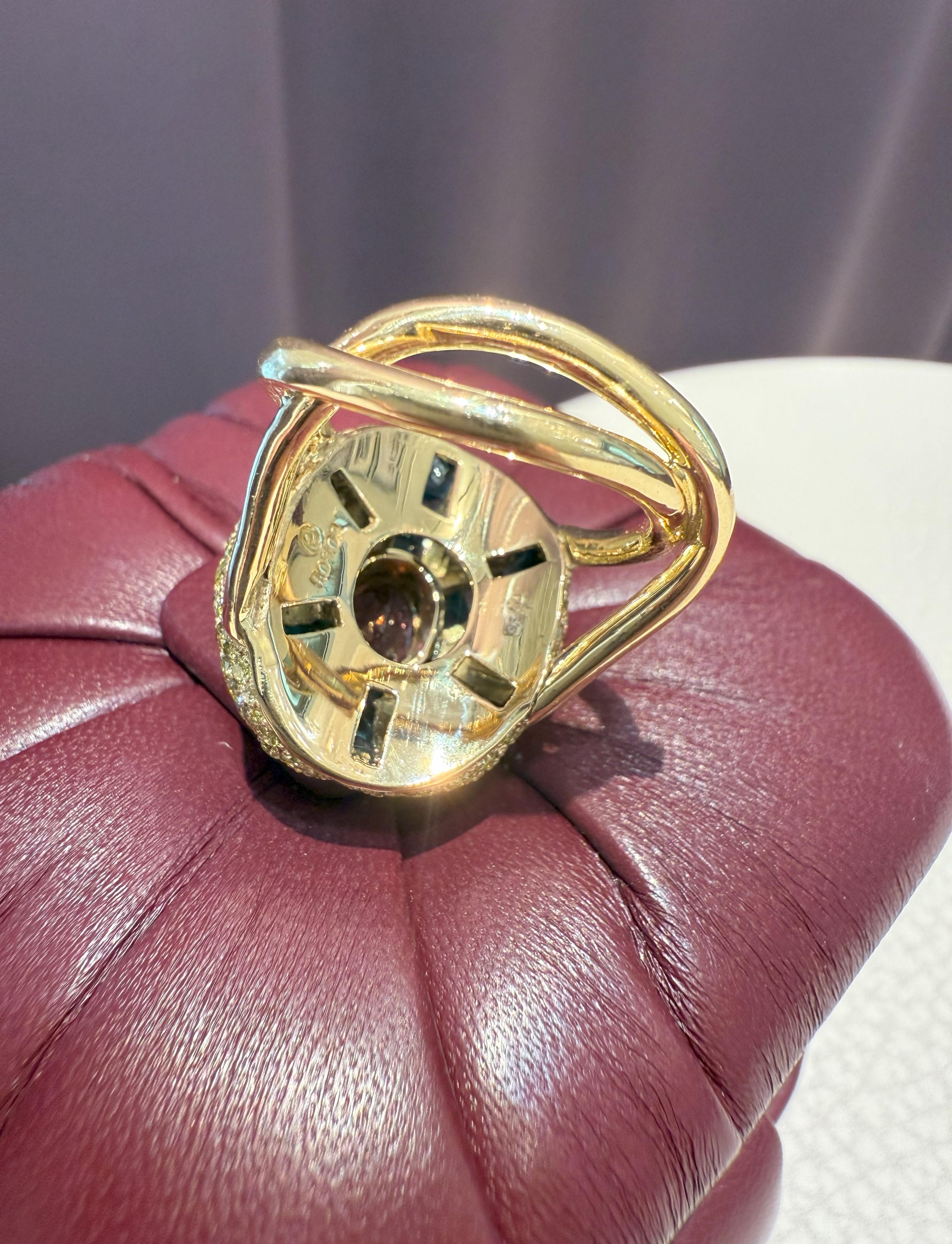 da uomo o donna Squisito anello in oro giallo 19.2k con diamanti, indigolite e tormalina rosa in vendita