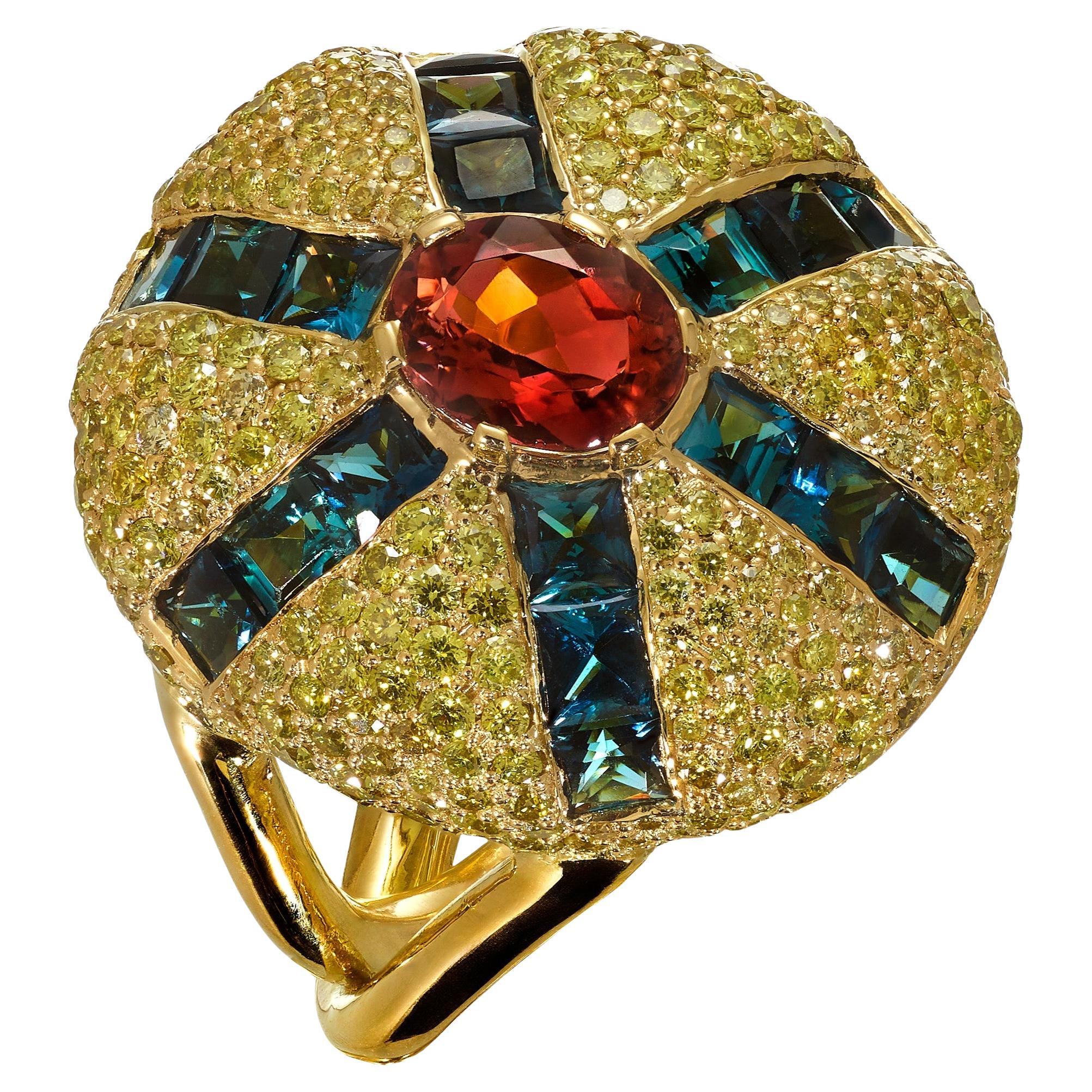 Squisito anello in oro giallo 19.2k con diamanti, indigolite e tormalina rosa in vendita