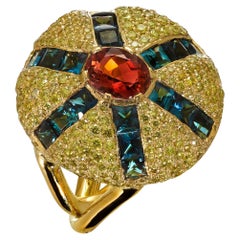 Squisito anello in oro giallo 19.2k con diamanti, indigolite e tormalina rosa