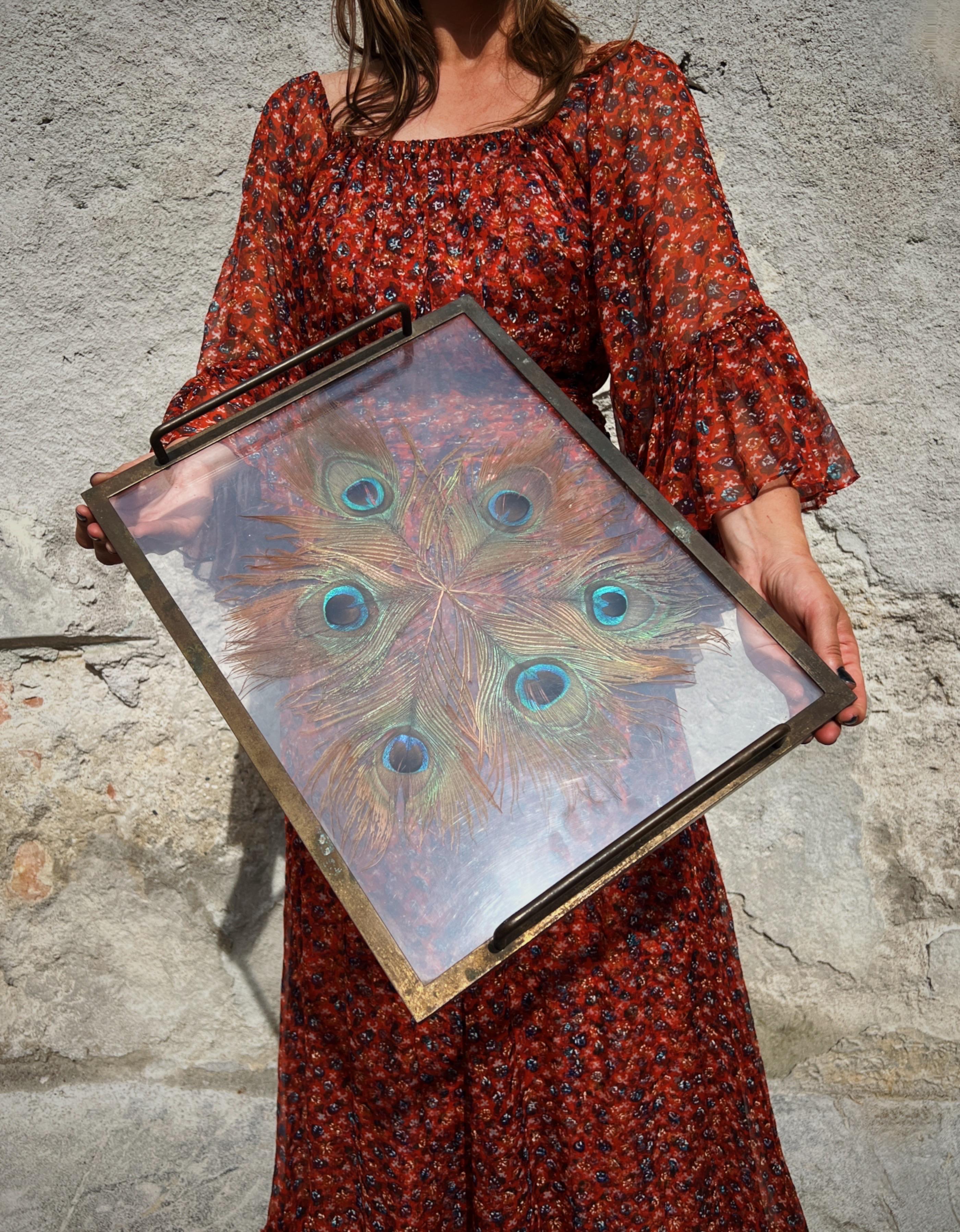 Exquisite 1930s Brass Tray with Encased Peacock Feathers 5