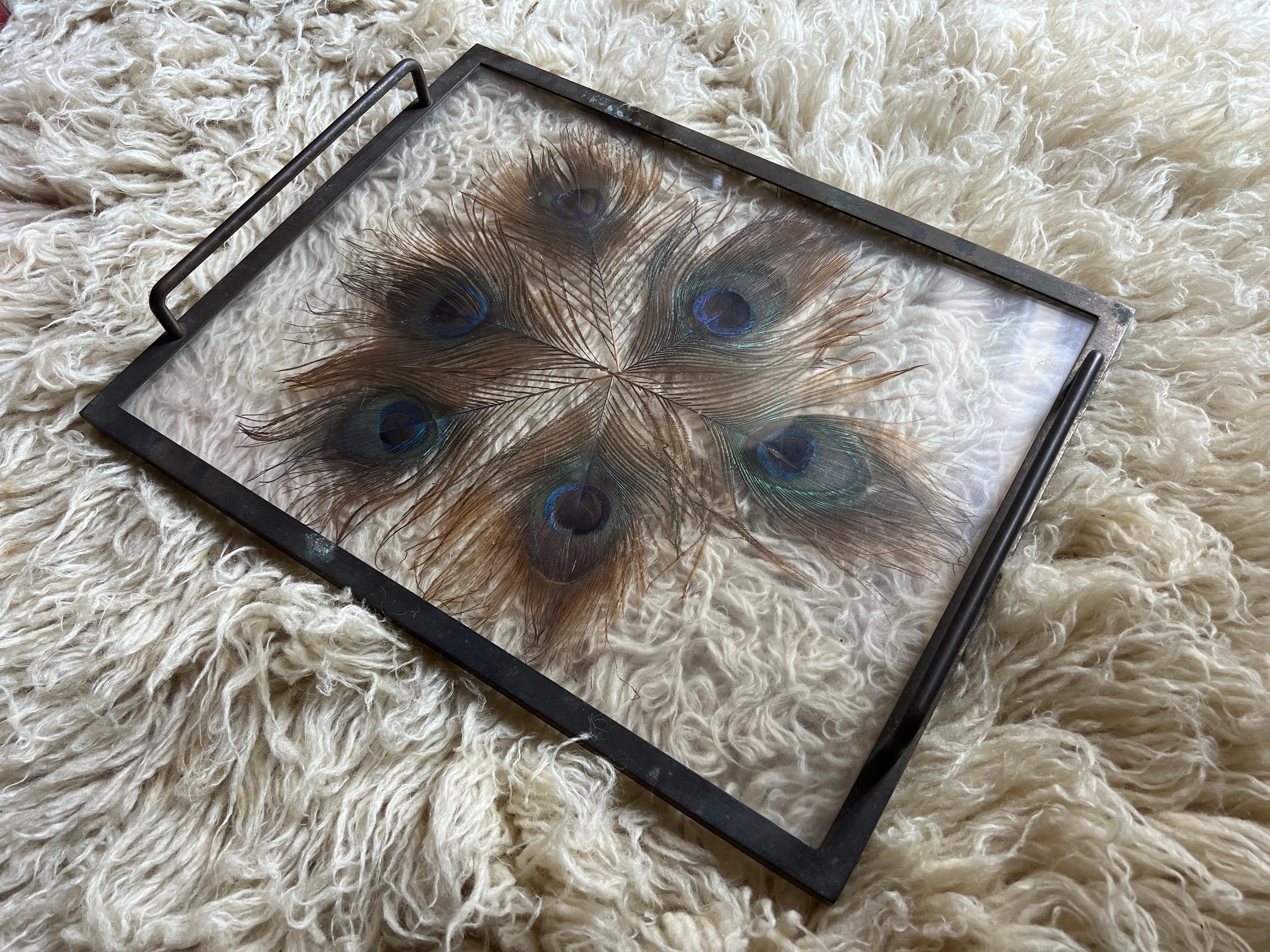 Art Deco Exquisite 1930s Brass Tray with Encased Peacock Feathers