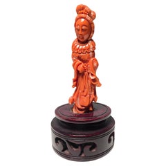 Exquisite 1930s Red Coral Sculpture of Chinese Lady