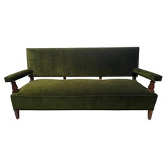Exquisite 1940's Carved Wood Frame and Mossy Green Velvet Sofa