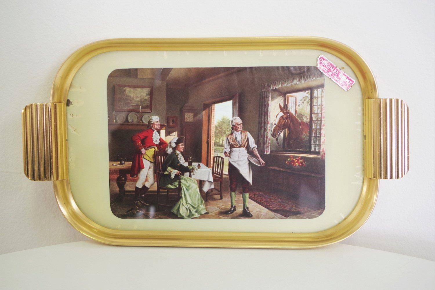English Exquis plateau en laiton des années 1950 avec impression anglaise - Vintage Tableware Elegance en vente