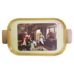 Exquisite 1950s Brass Tray with English Print - Vintage Tableware Elegance