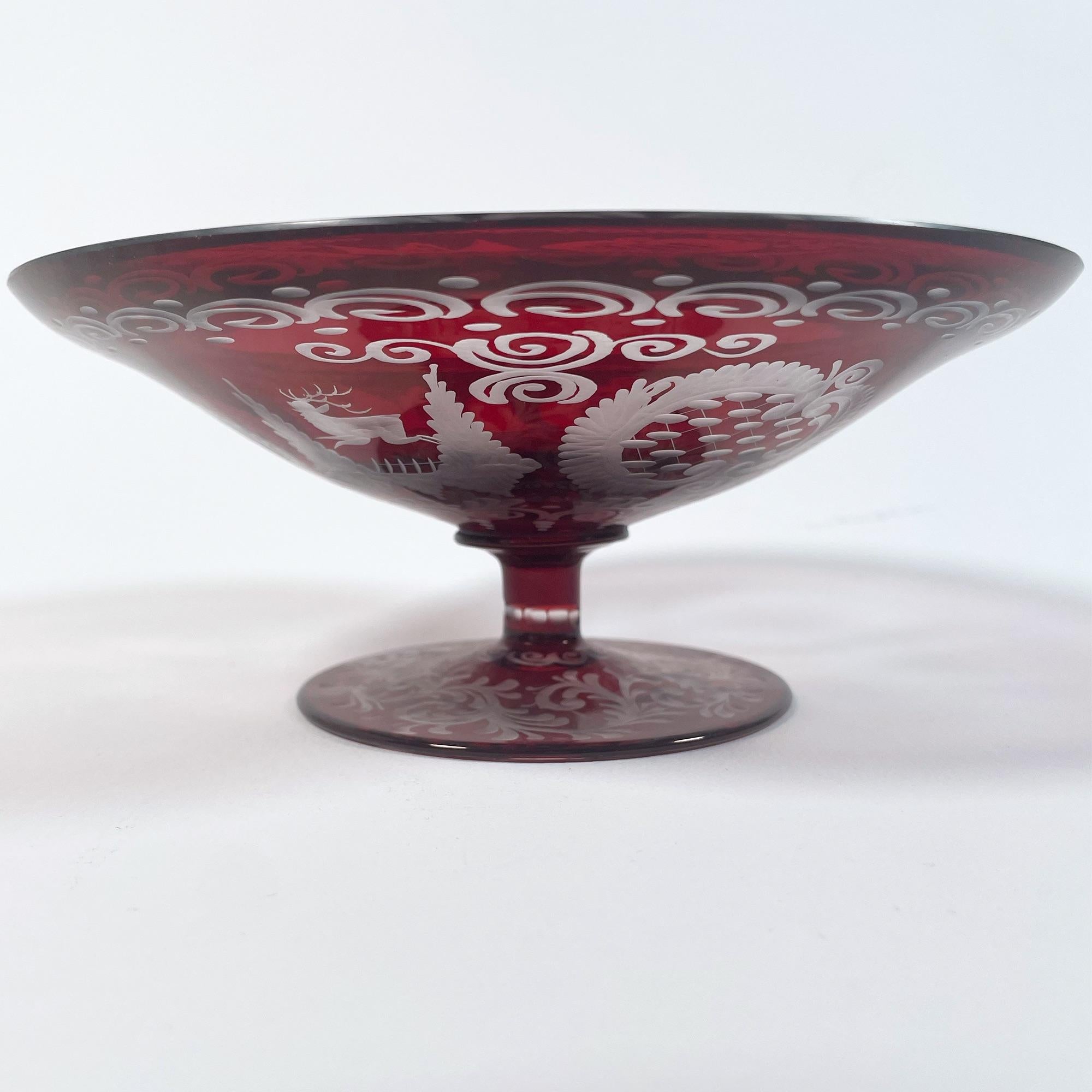 Crystal Exquisite 1950s Red Cut Glass Bowl – A Bohemian Treasure For Sale
