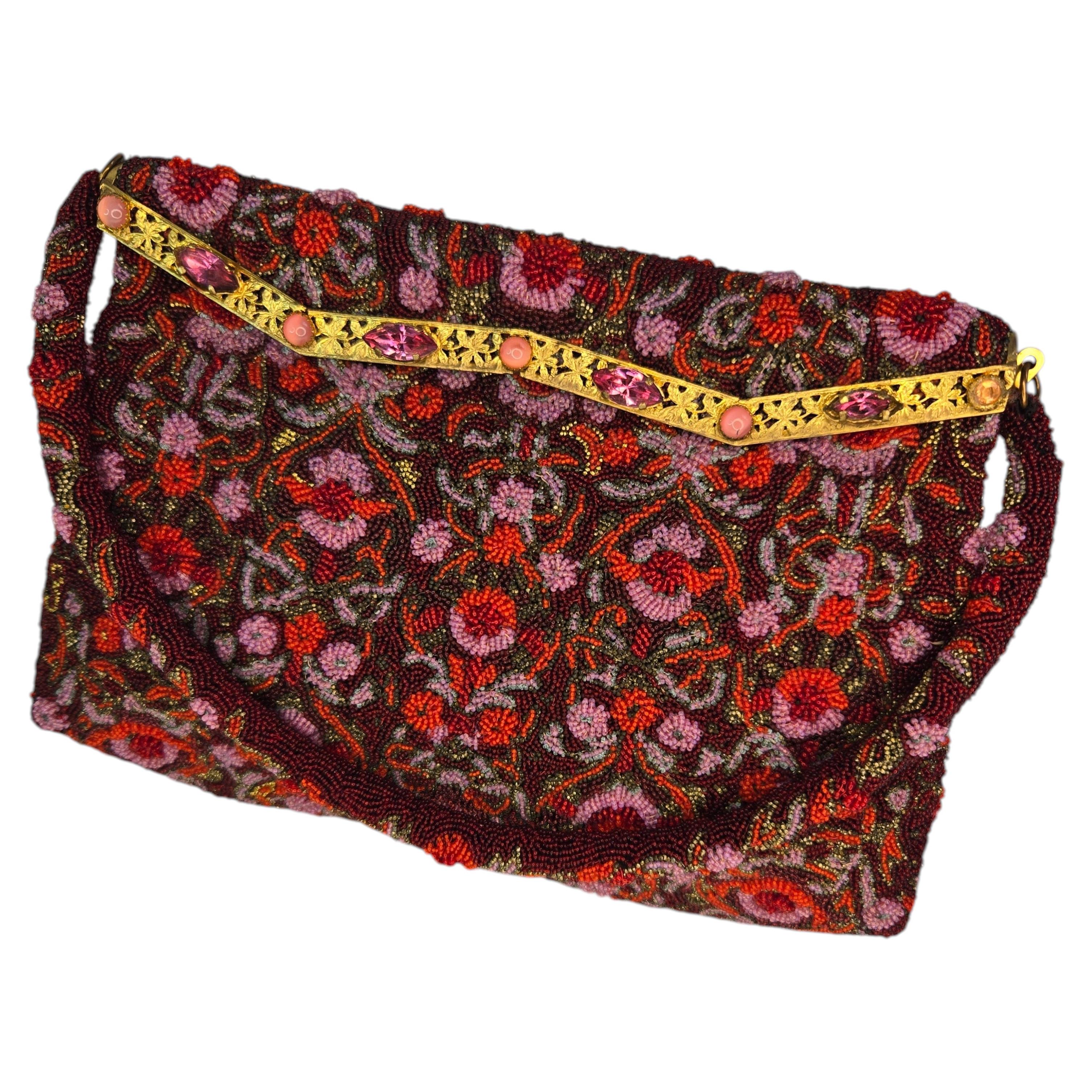 Exquisite 1950s Saks Fifth Ave. Seed Beaded Floral Motif Handbag w Jeweled Frame For Sale