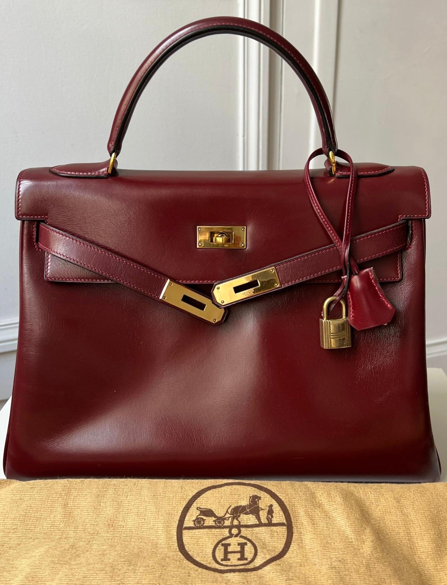Brown Exquisite 1955 Hermès Kelly 32 Retourné Rouge H Box Calf Leather Handbag
