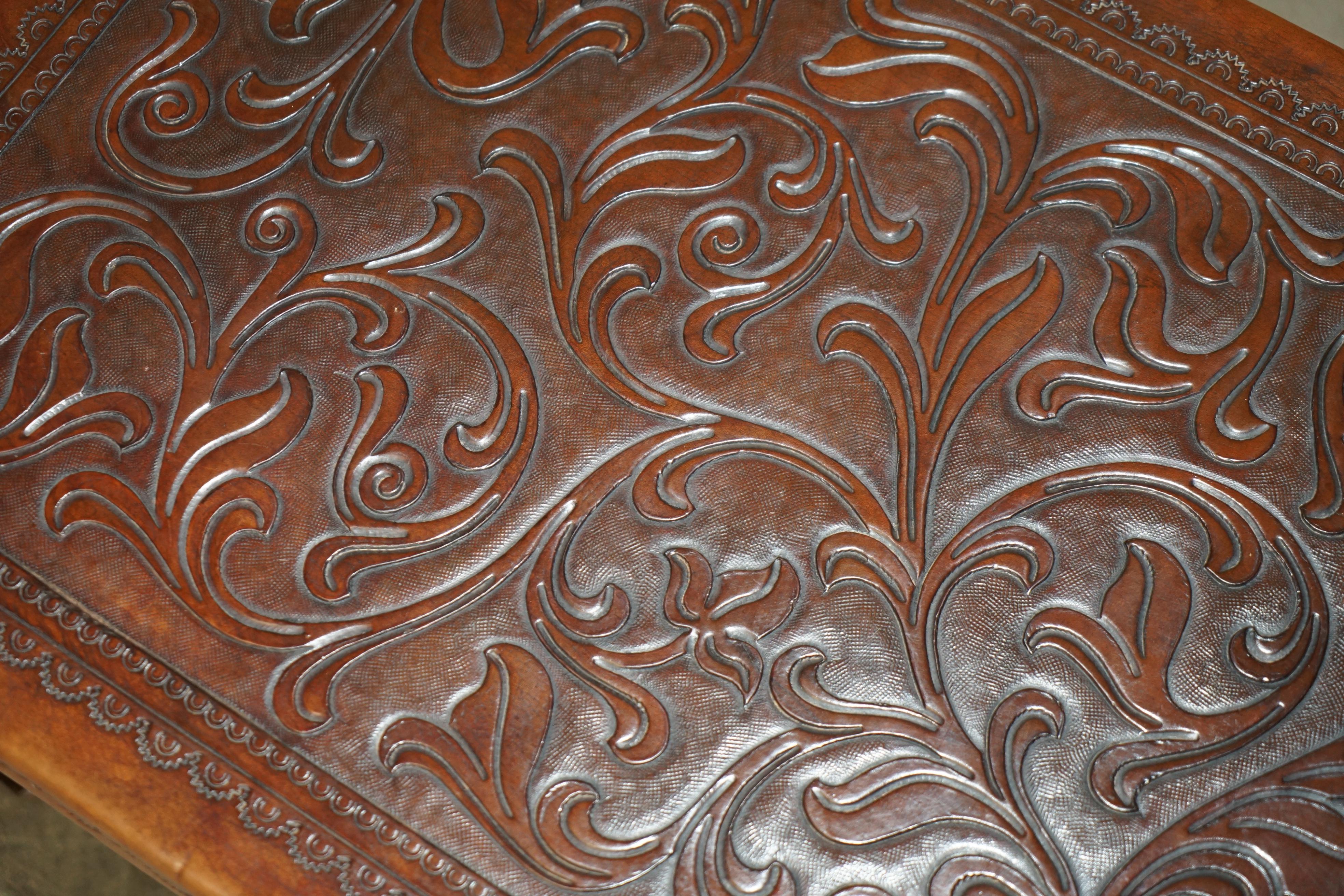 EXQUISITE 1960's ANGEL PAZMINO ATTRIBUTED BROWN LEATHER EMBOSSED COFFEE TABLE For Sale 2