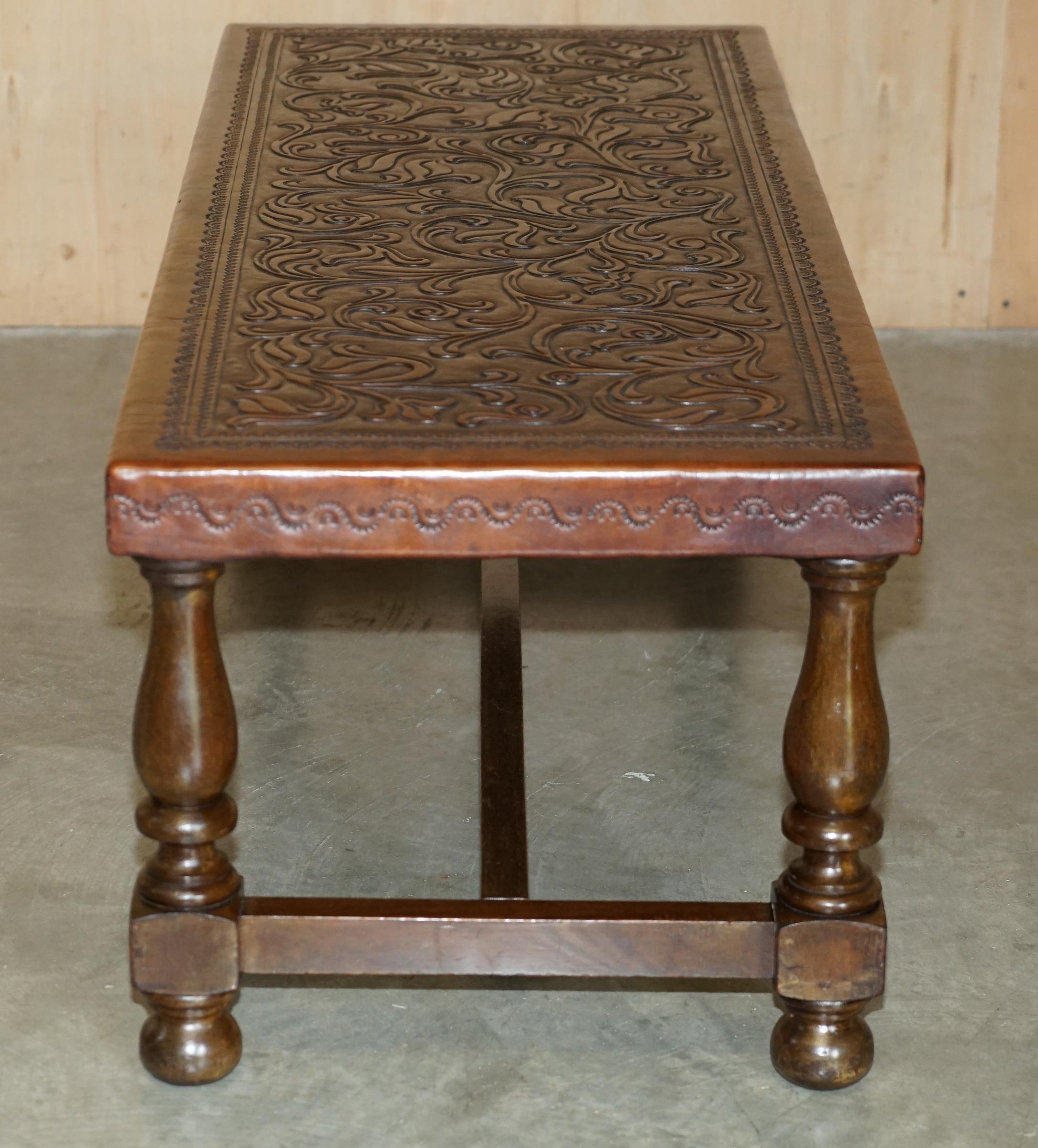 EXQUISITE 1960's ANGEL PAZMINO ATTRIBUTED BROWN LEATHER EMBOSSED COFFEE TABLE For Sale 5