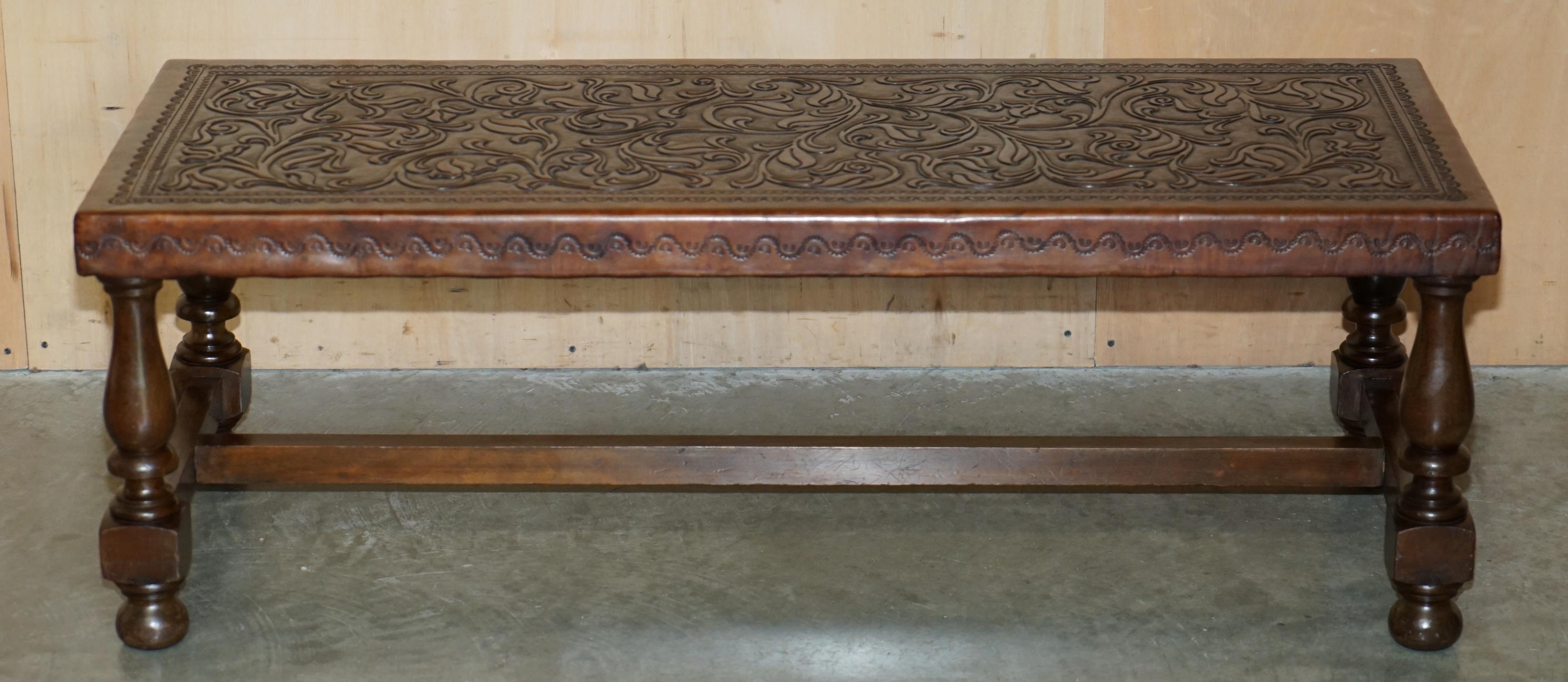 EXQUISITE 1960's ANGEL PAZMINO ATTRIBUTED BROWN LEATHER EMBOSSED COFFEE TABLE For Sale 7