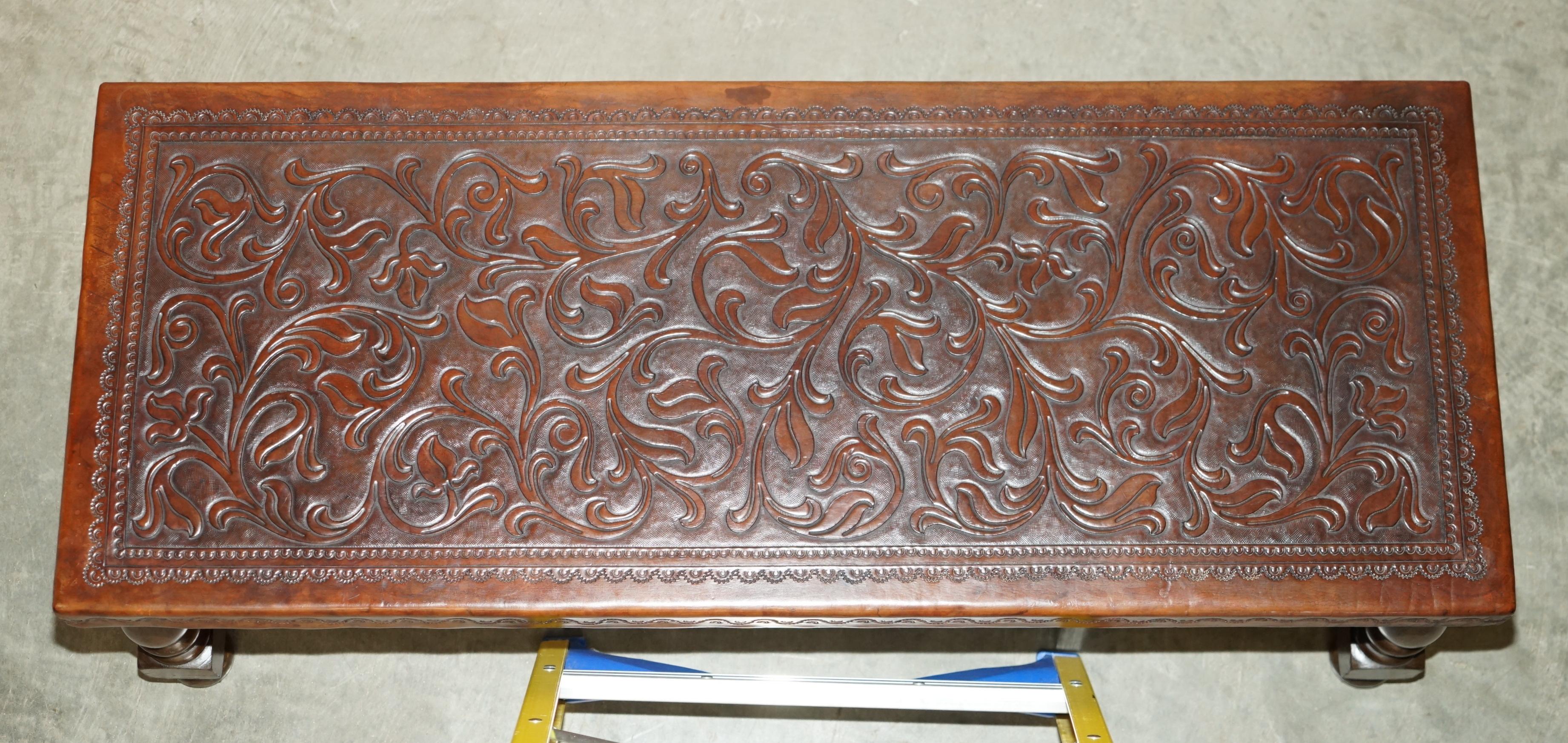 EXQUISITE 1960's ANGEL PAZMINO ATTRIBUTED BROWN LEATHER EMBOSSED COFFEE TABLE For Sale 11