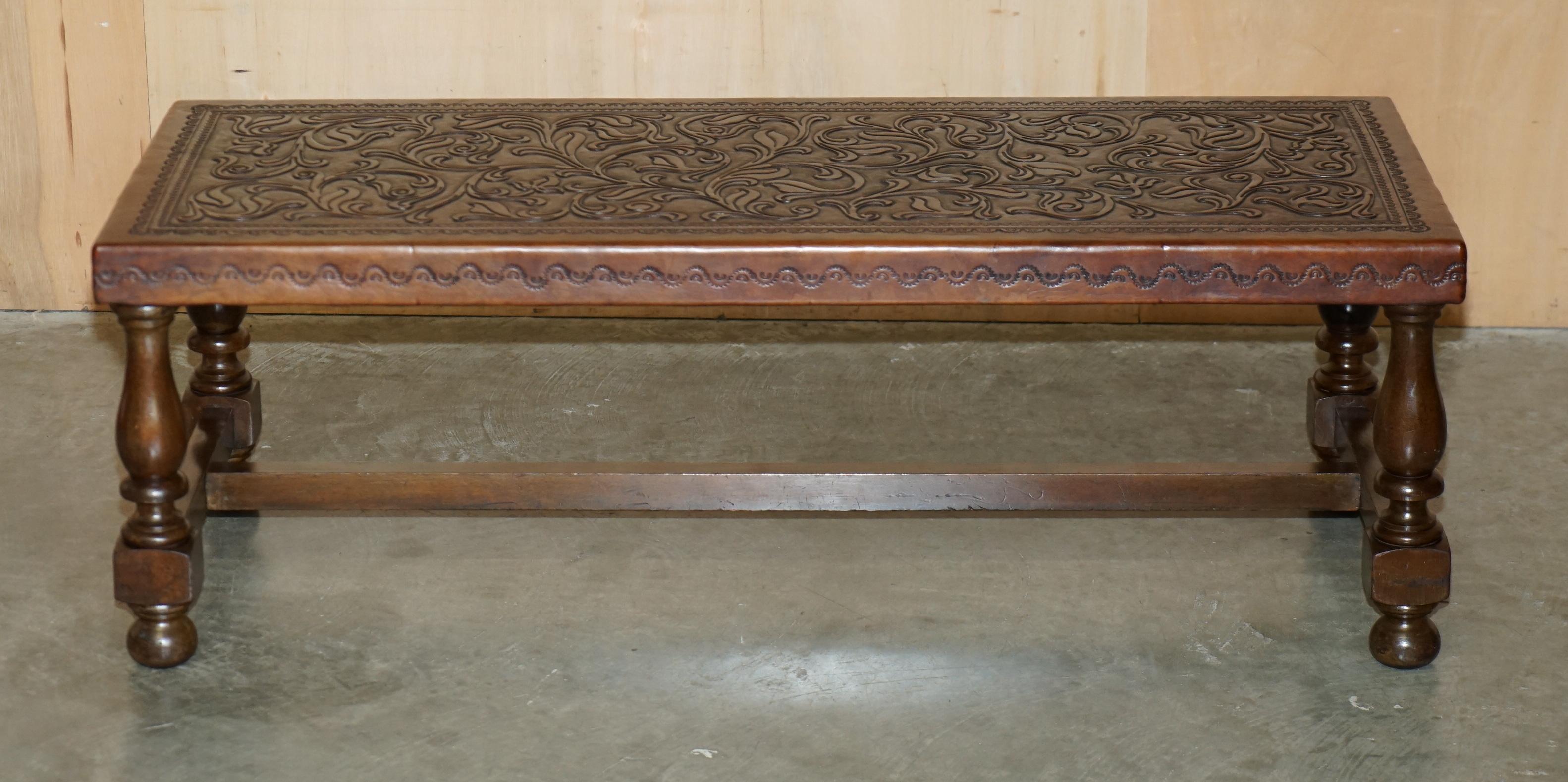 Mid-Century Modern EXQUISITE 1960's ANGEL PAZMINO ATTRIBUTED BROWN LEATHER EMBOSSED COFFEE TABLE For Sale
