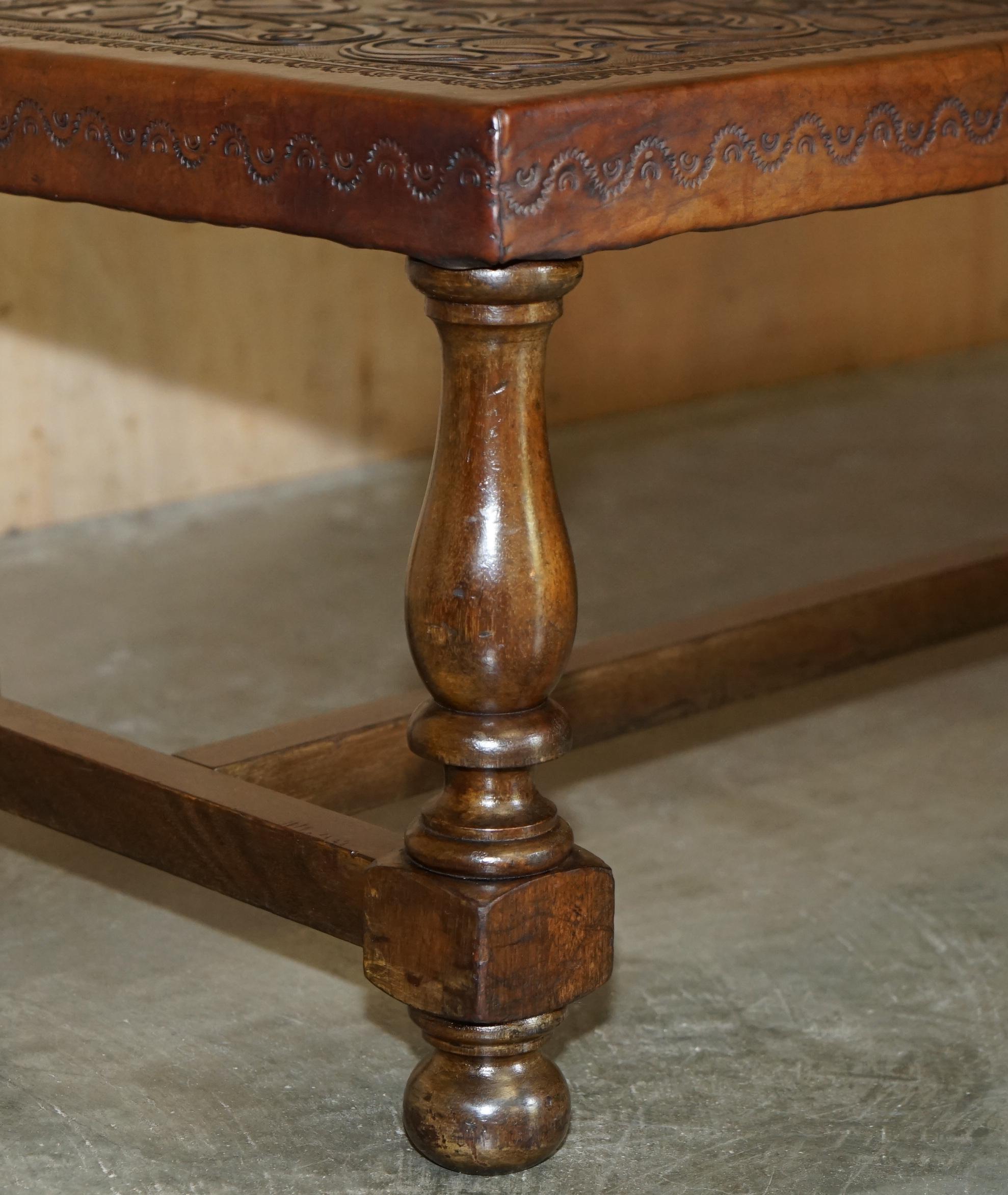 Hand-Crafted EXQUISITE 1960's ANGEL PAZMINO ATTRIBUTED BROWN LEATHER EMBOSSED COFFEE TABLE For Sale